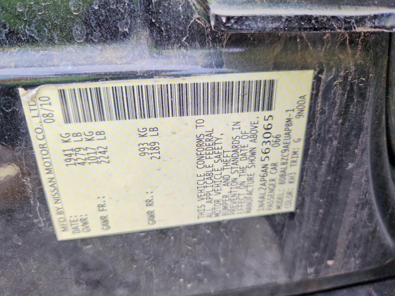 2010 Nissan Altima Base Charcoal vin: 1N4AL2AP6AN563065