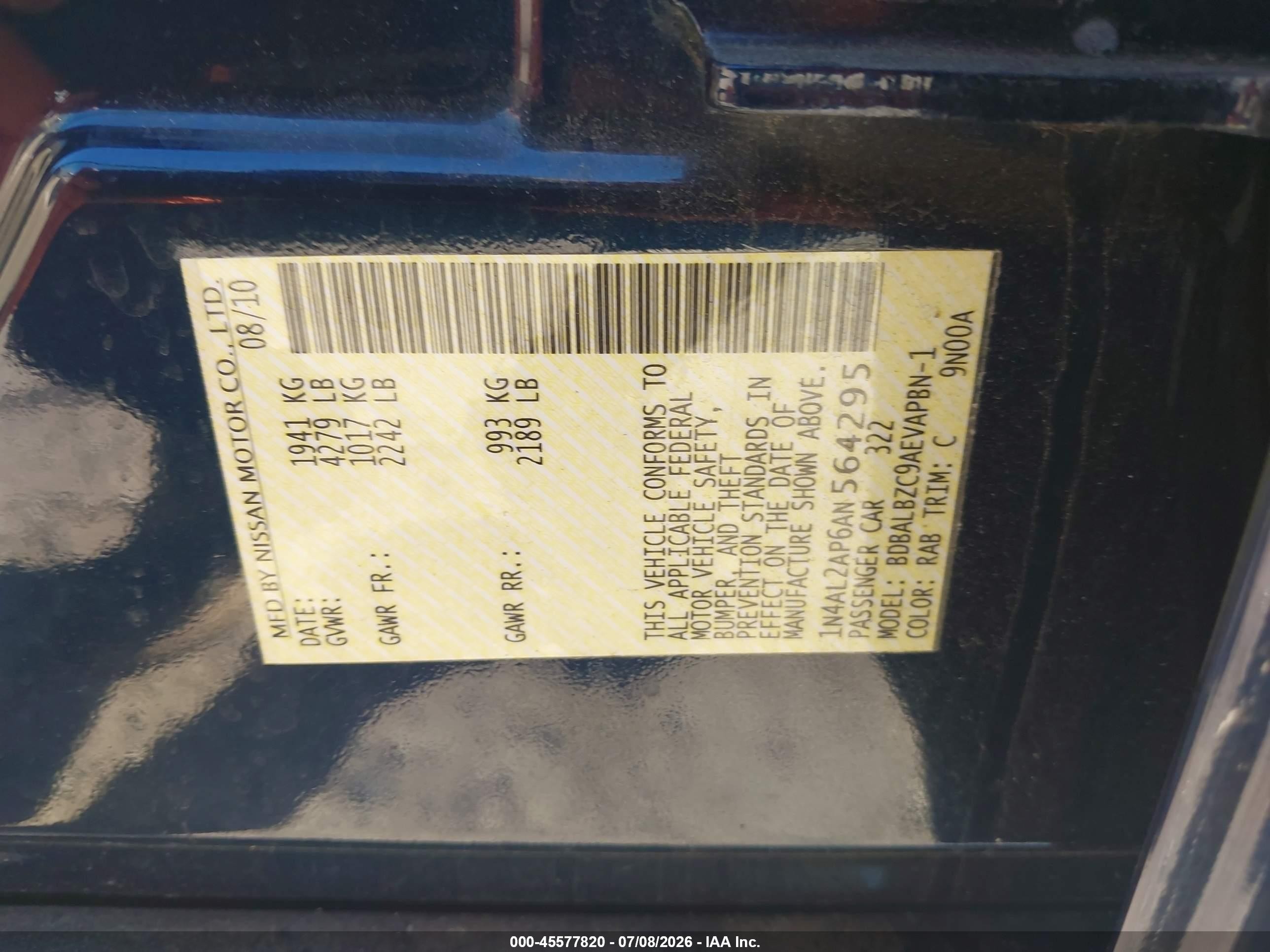 2010 Nissan Altima 2.5 S Dark Blue vin: 1N4AL2AP6AN564295
