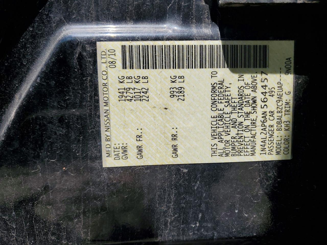 2010 Nissan Altima 2.5 Black vin: 1N4AL2AP6AN564457