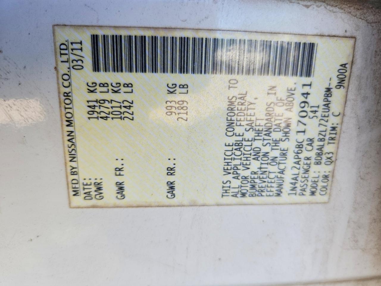 2011 Nissan Altima 2.5 White vin: 1N4AL2AP6BC170941