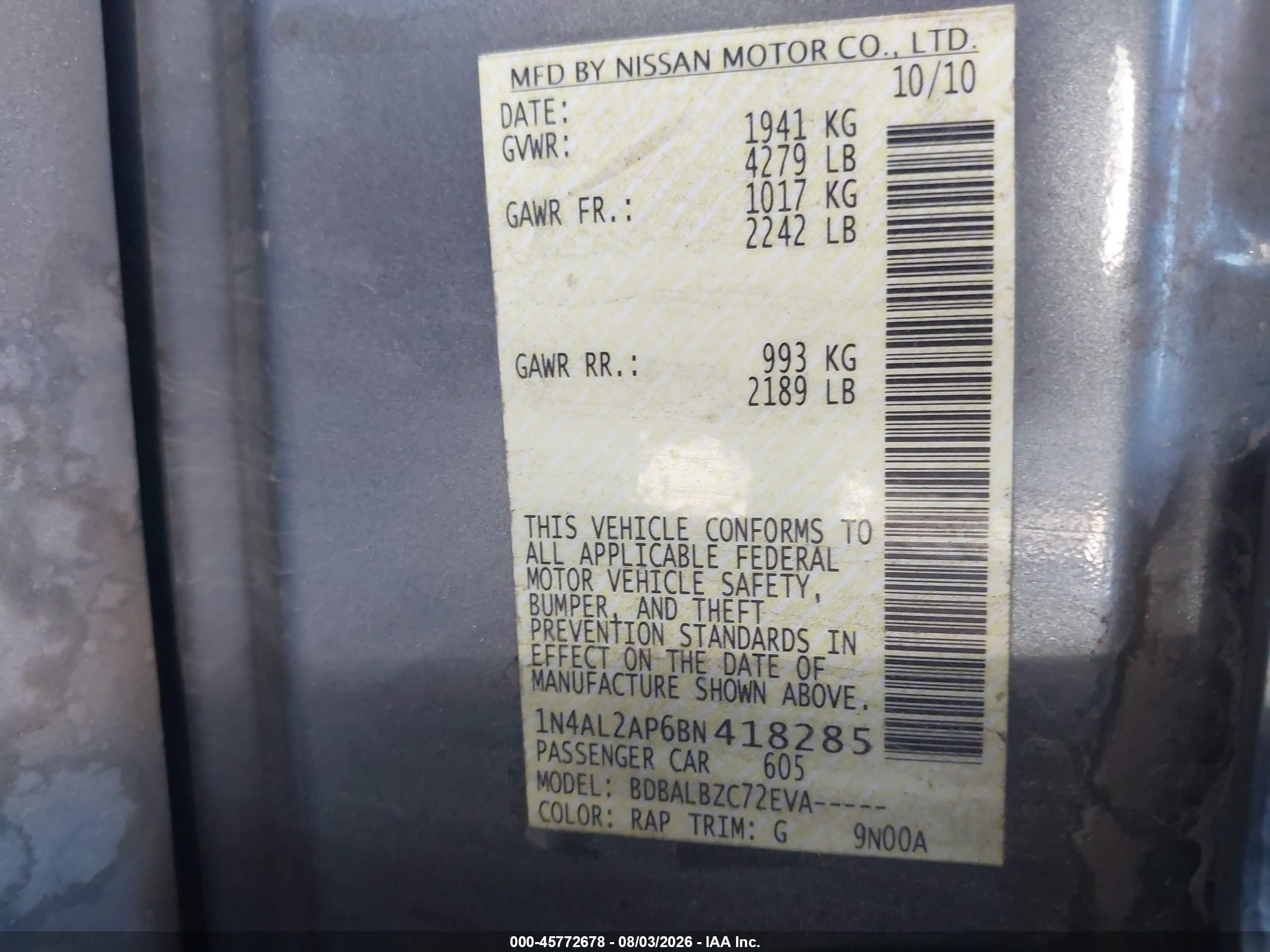 2011 Nissan Altima 2.5 S Light Blue vin: 1N4AL2AP6BN418285
