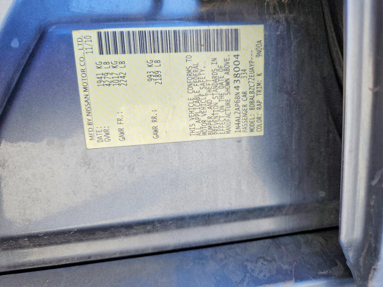2011 Nissan Altima 2.5 Gray vin: 1N4AL2AP6BN438004
