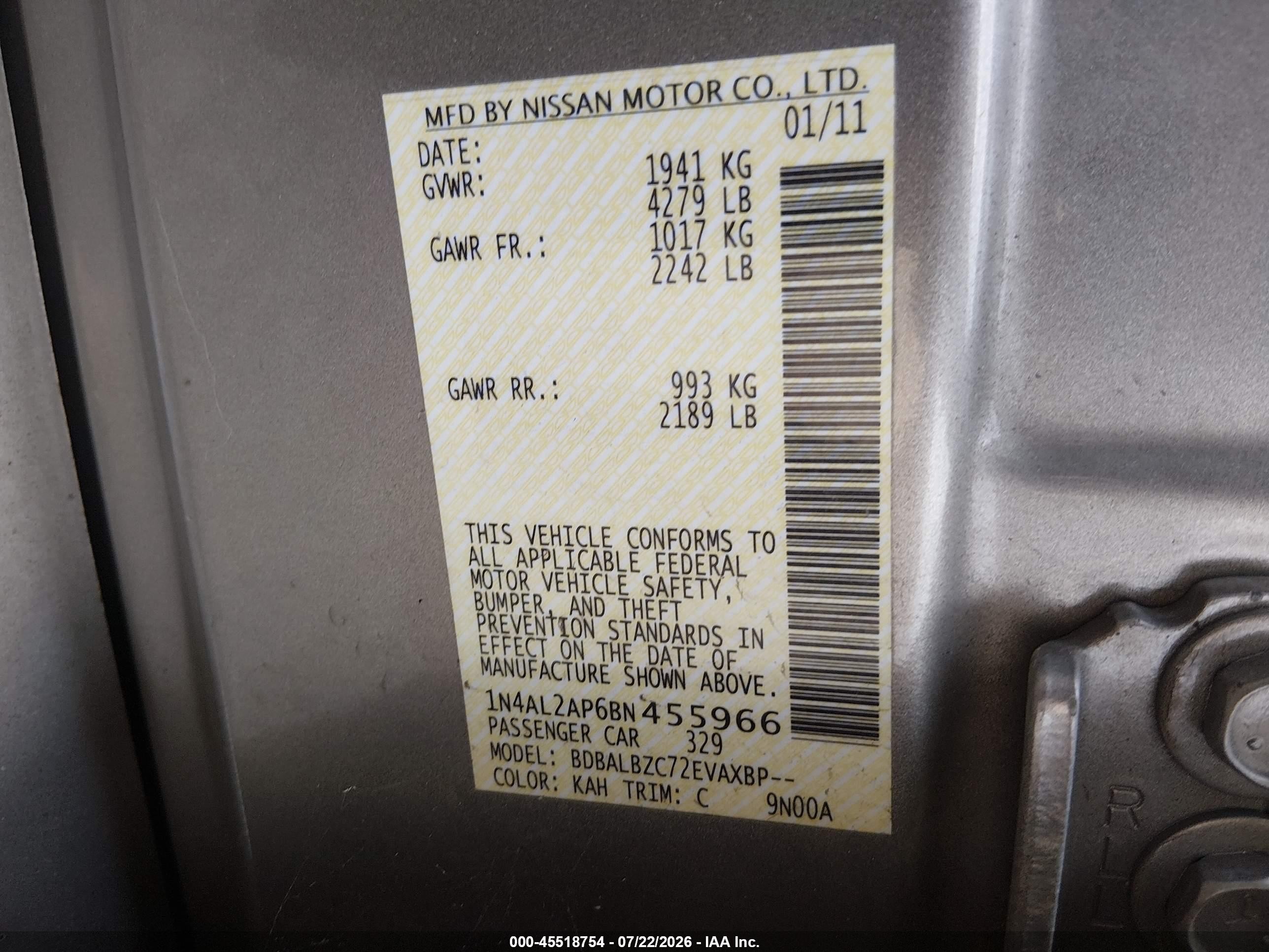 2011 Nissan Altima 2.5 S Tan vin: 1N4AL2AP6BN455966