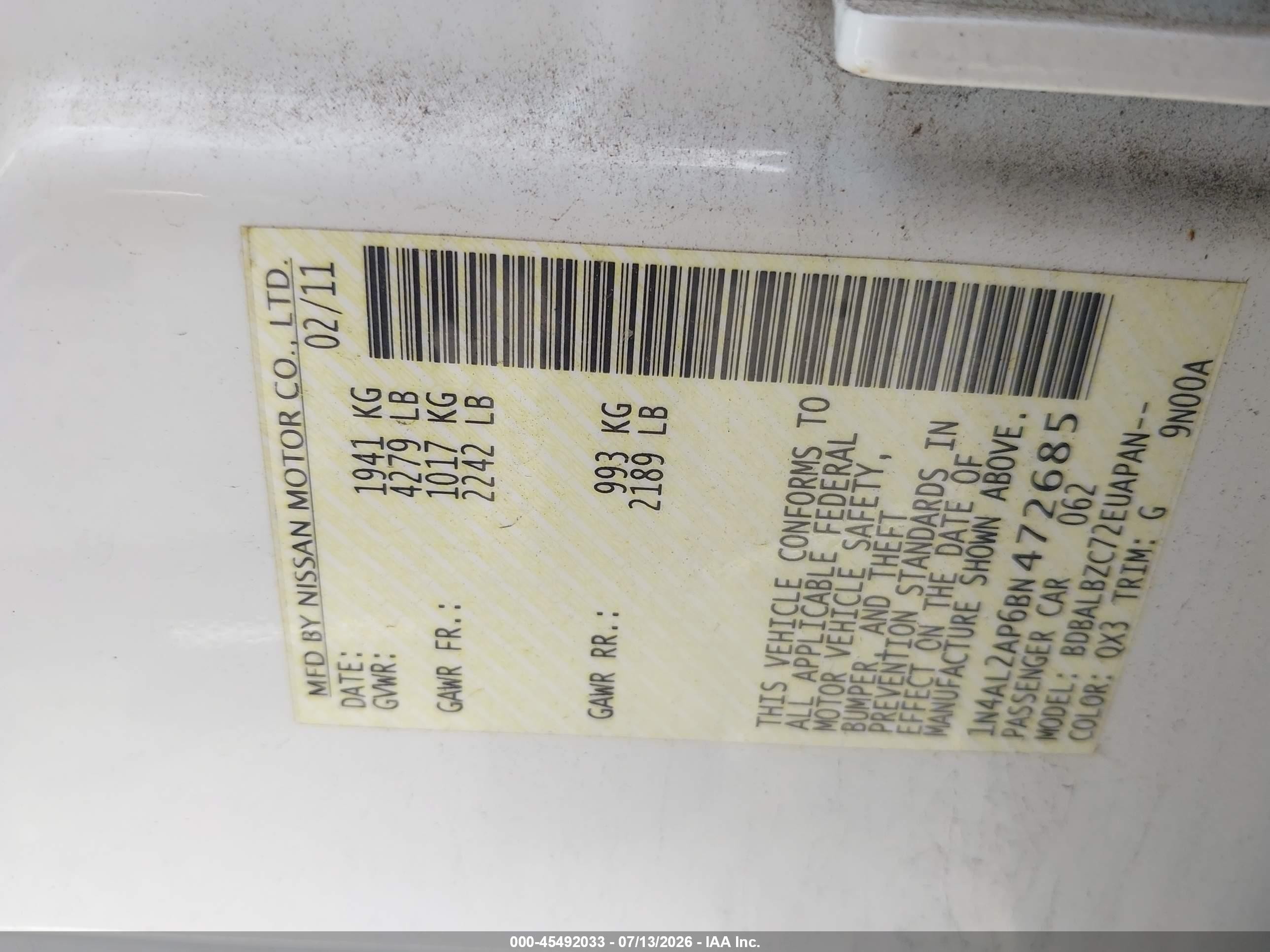 2011 Nissan Altima 2.5 S White vin: 1N4AL2AP6BN472685