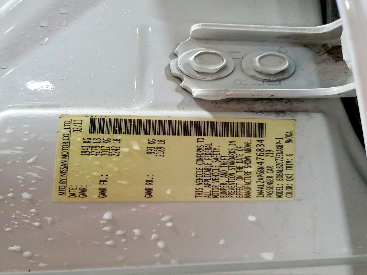2011 Nissan Altima 2.5 White vin: 1N4AL2AP6BN476834