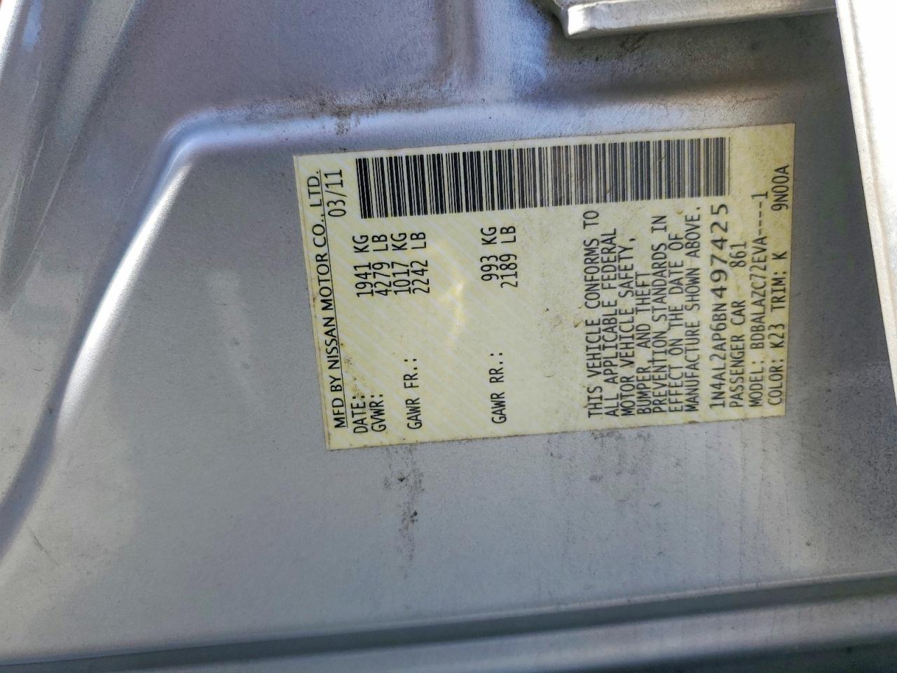 2011 Nissan Altima Base Silver vin: 1N4AL2AP6BN497425