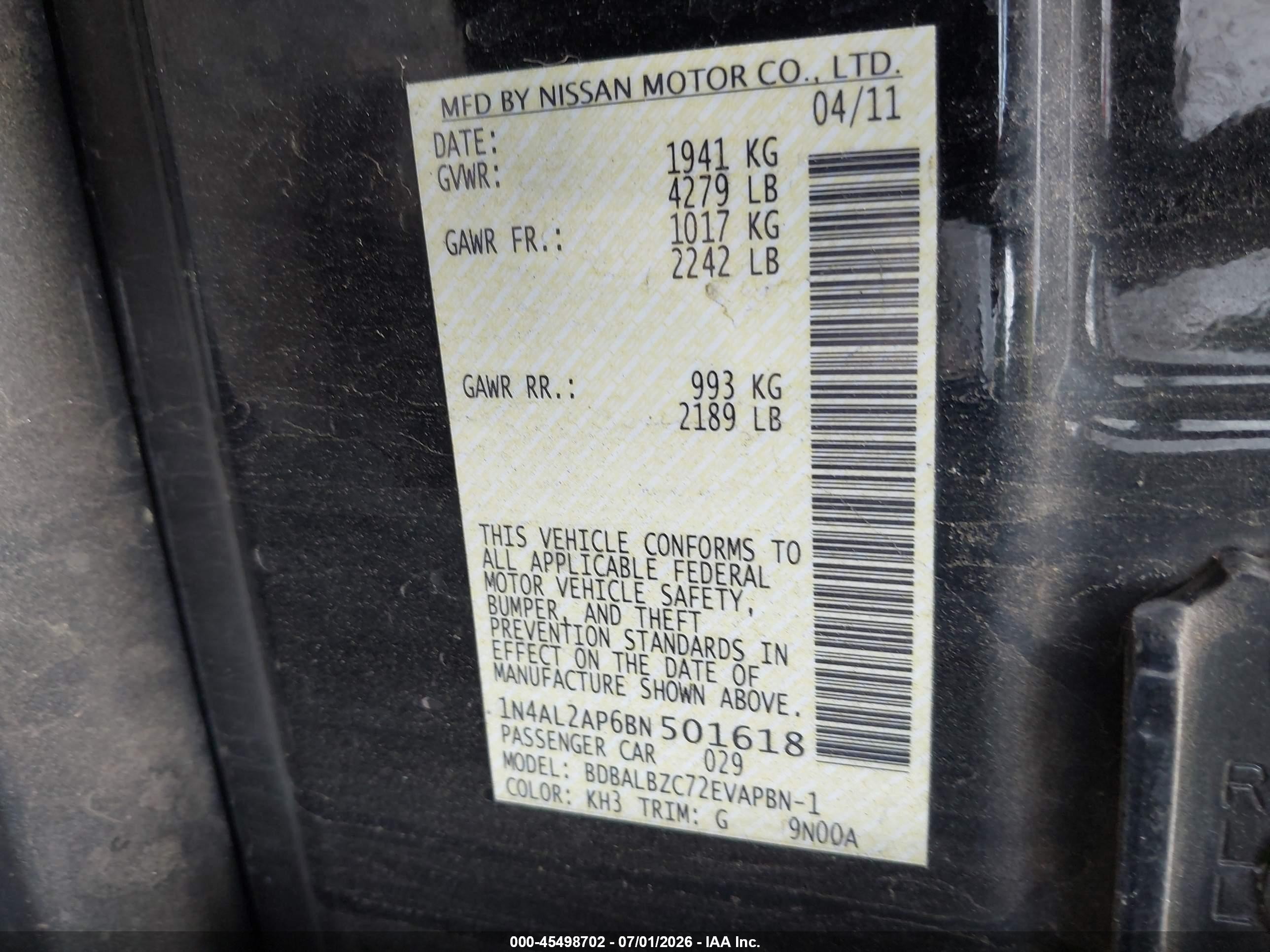 2011 Nissan Altima 2.5 S Black vin: 1N4AL2AP6BN501618