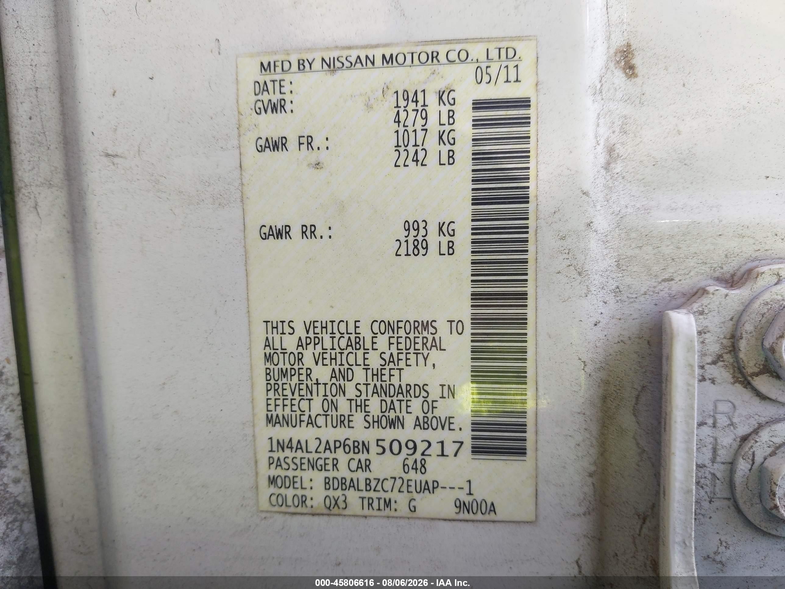 2011 Nissan Altima 2.5 S White vin: 1N4AL2AP6BN509217