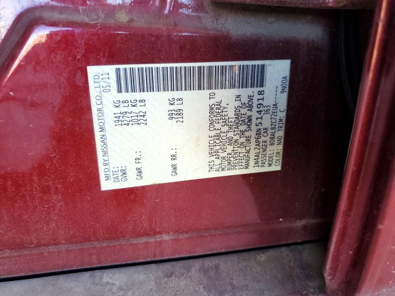 2011 Nissan Altima 2.5 Maroon vin: 1N4AL2AP6BN514918