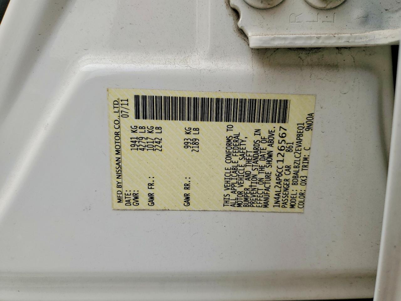 2012 Nissan Altima 2.5 White vin: 1N4AL2AP6CC126567