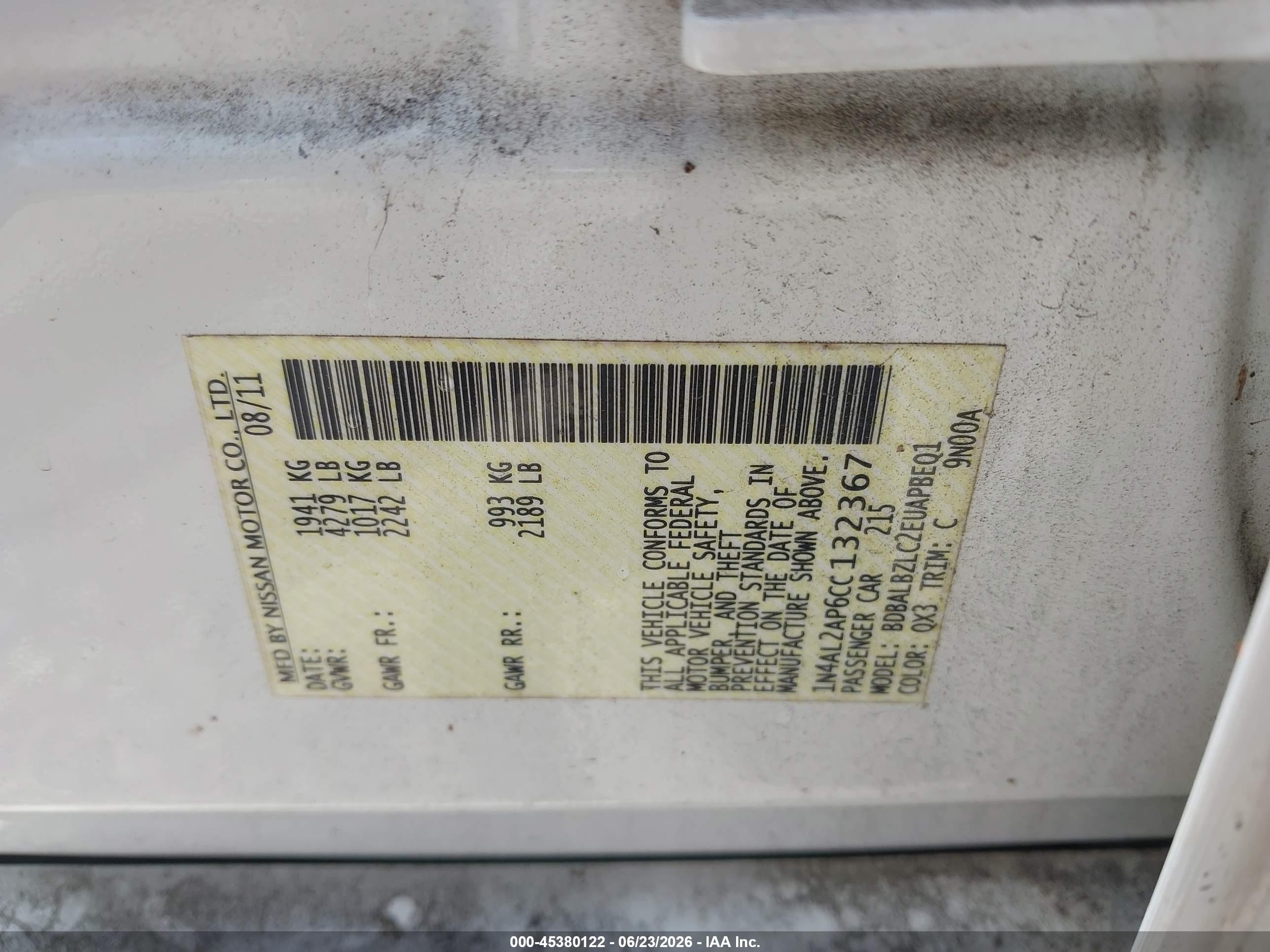 2012 Nissan Altima 2.5 S White vin: 1N4AL2AP6CC132367