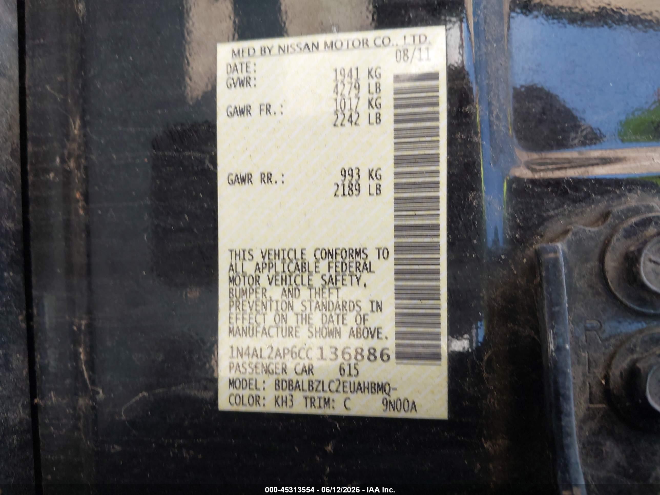 2012 Nissan Altima 2.5 S Black vin: 1N4AL2AP6CC136886