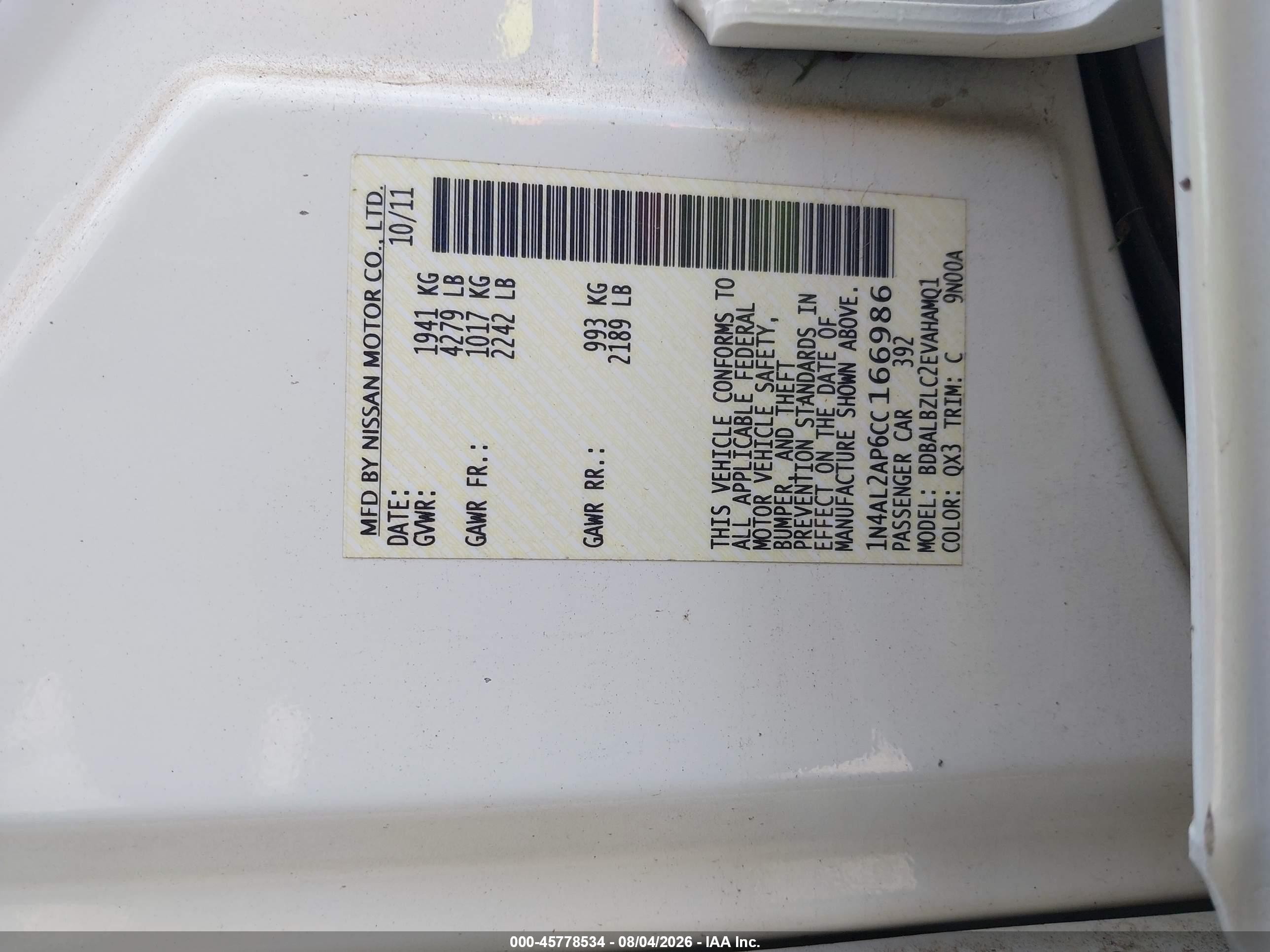 2012 Nissan Altima 2.5 S White vin: 1N4AL2AP6CC166986