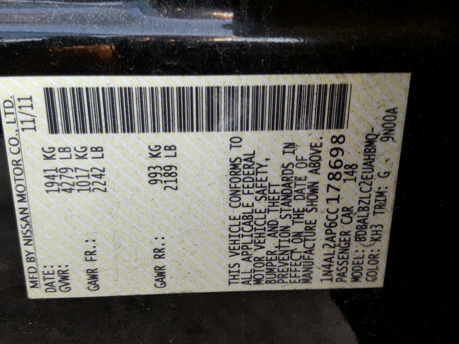 2012 Nissan Altima Base Black vin: 1N4AL2AP6CC178698