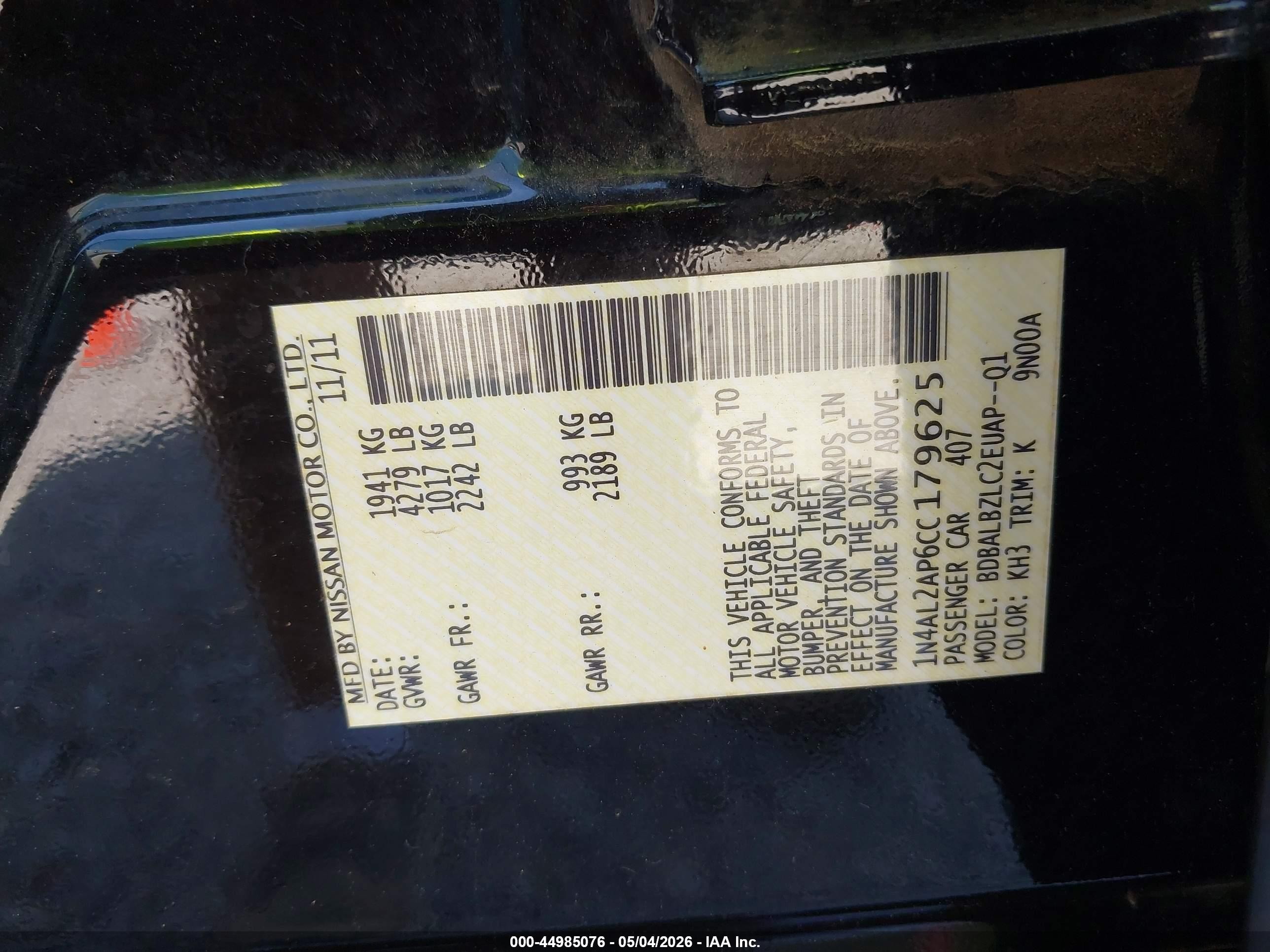 2012 Nissan Altima 2.5 S Black vin: 1N4AL2AP6CC179625