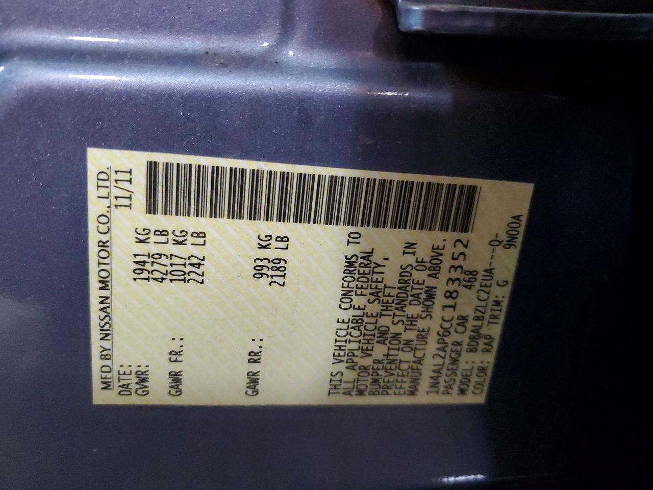 2012 Nissan Altima 2.5 Blue vin: 1N4AL2AP6CC183352