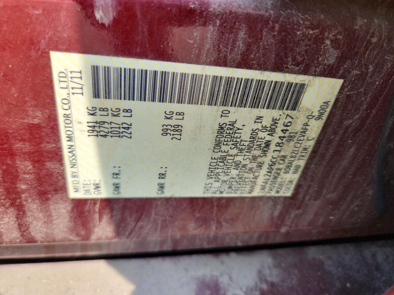 2012 Nissan Altima 2.5 Red vin: 1N4AL2AP6CC184467