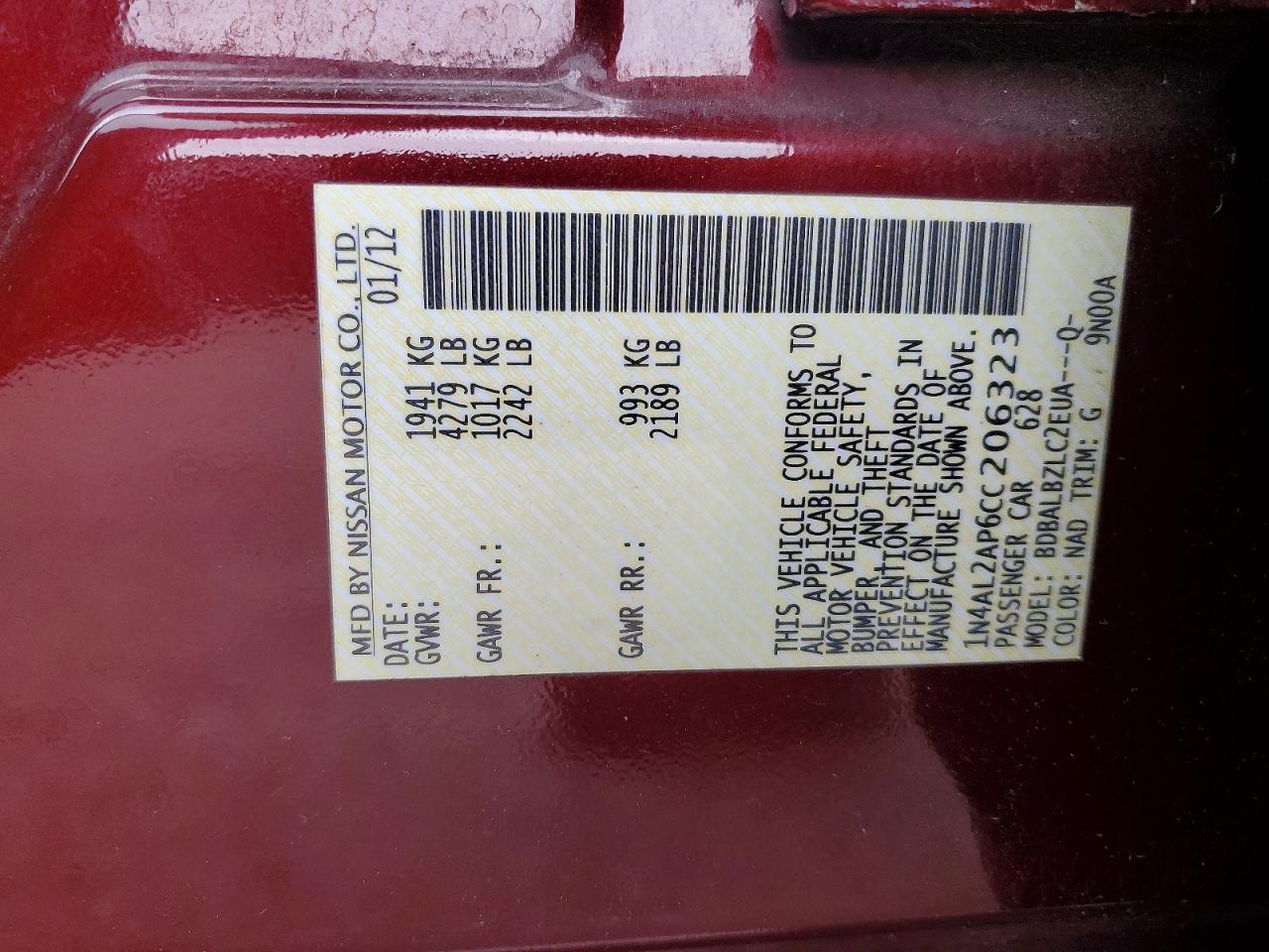 2012 Nissan Altima 2.5 Burgundy vin: 1N4AL2AP6CC206323