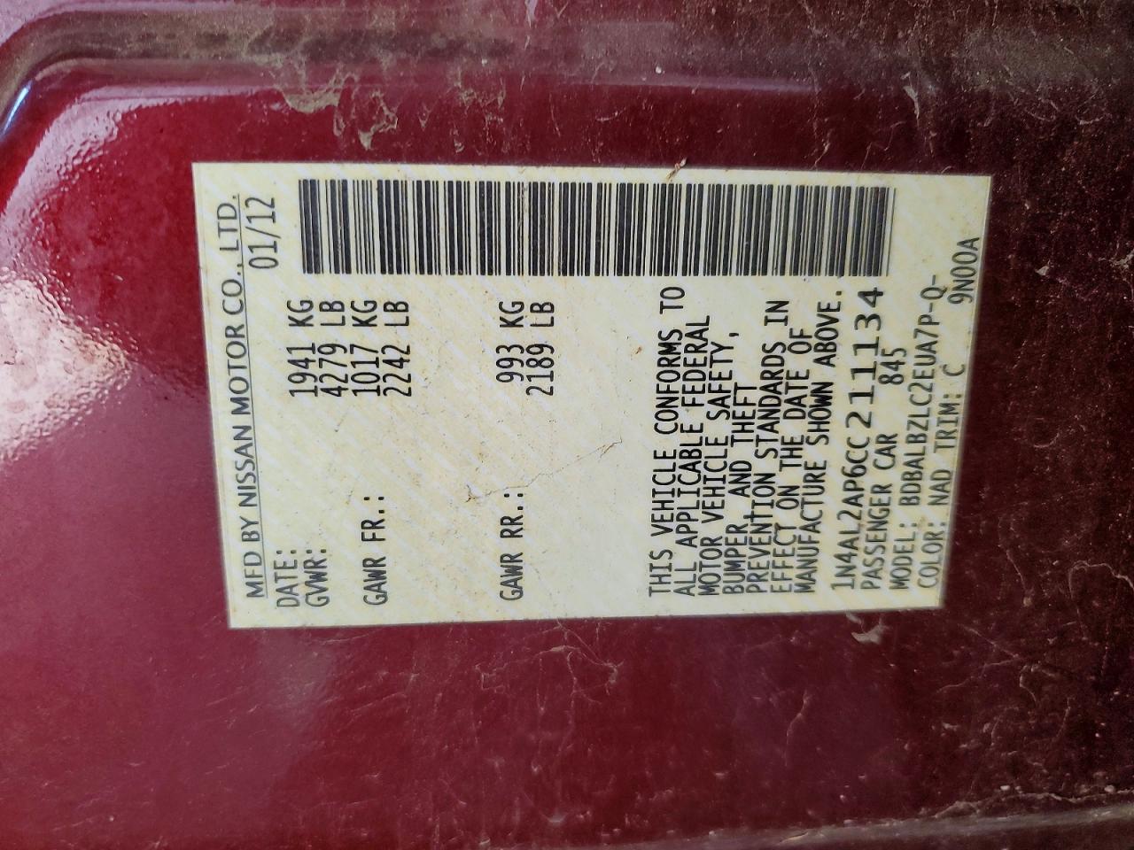2012 Nissan Altima 2.5 Maroon vin: 1N4AL2AP6CC211134