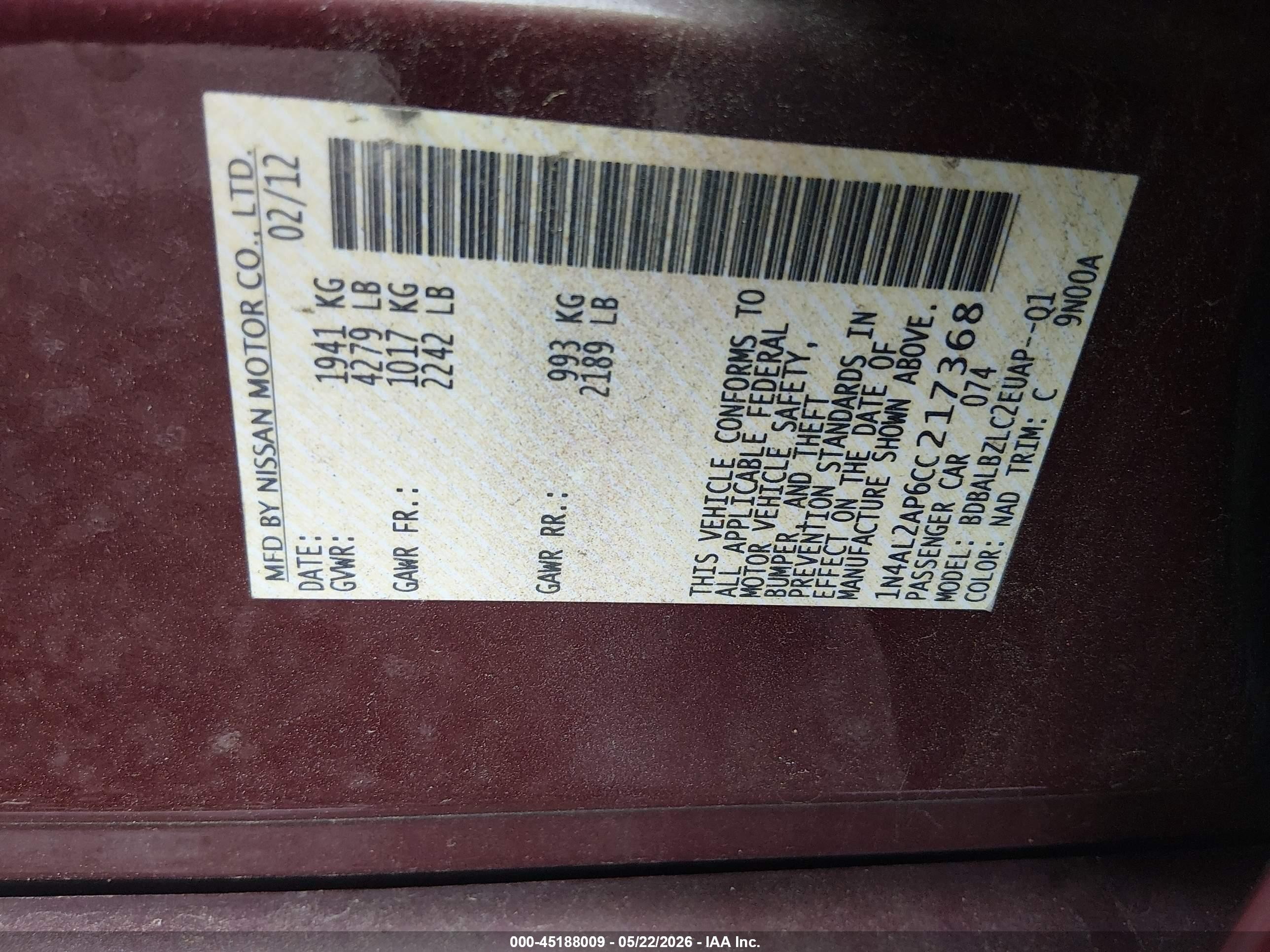 2012 Nissan Altima 2.5 S Burgundy vin: 1N4AL2AP6CC217368