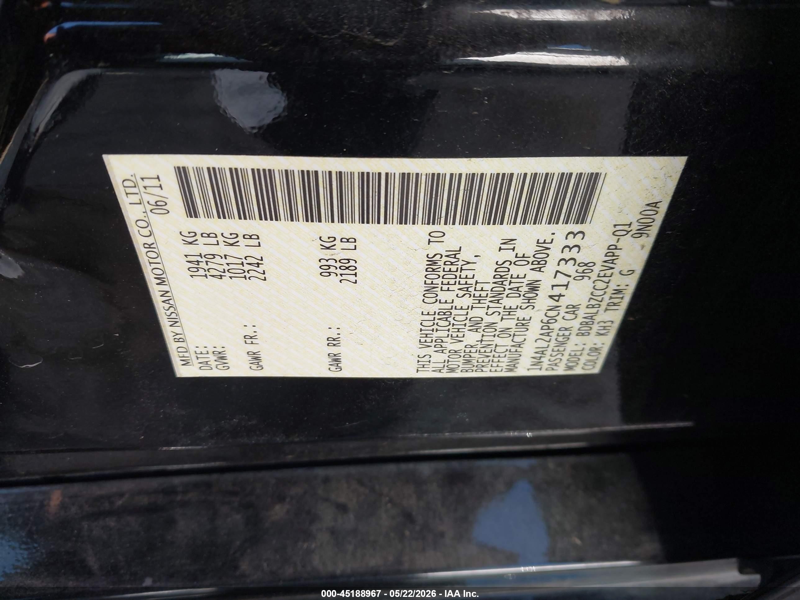2012 Nissan Altima 2.5 S Black vin: 1N4AL2AP6CN417333