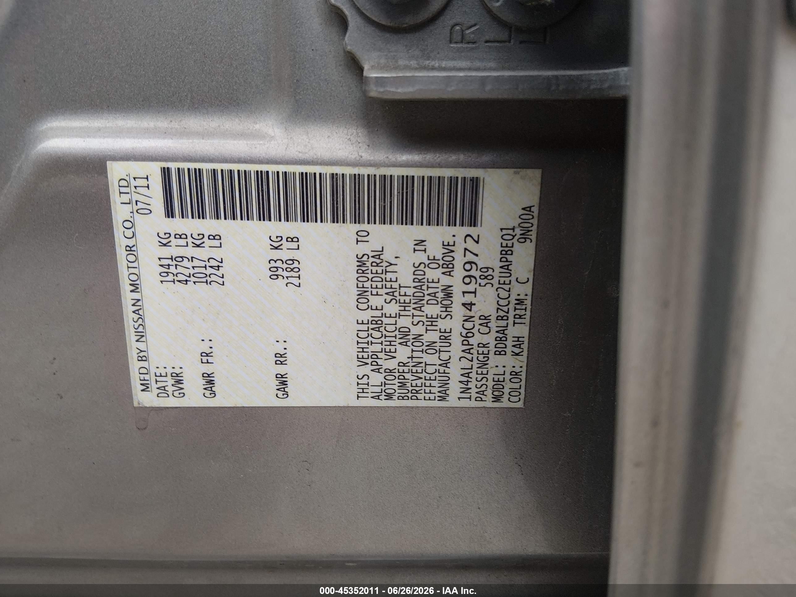 2012 Nissan Altima 2.5 S Beige vin: 1N4AL2AP6CN419972