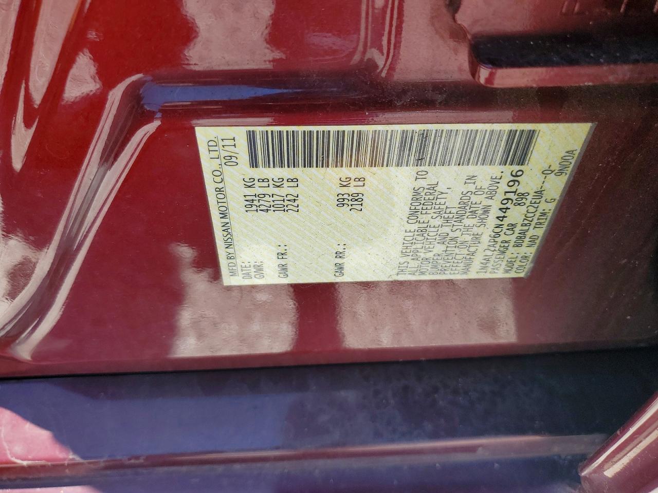 2012 Nissan Altima 2.5 Red vin: 1N4AL2AP6CN449196