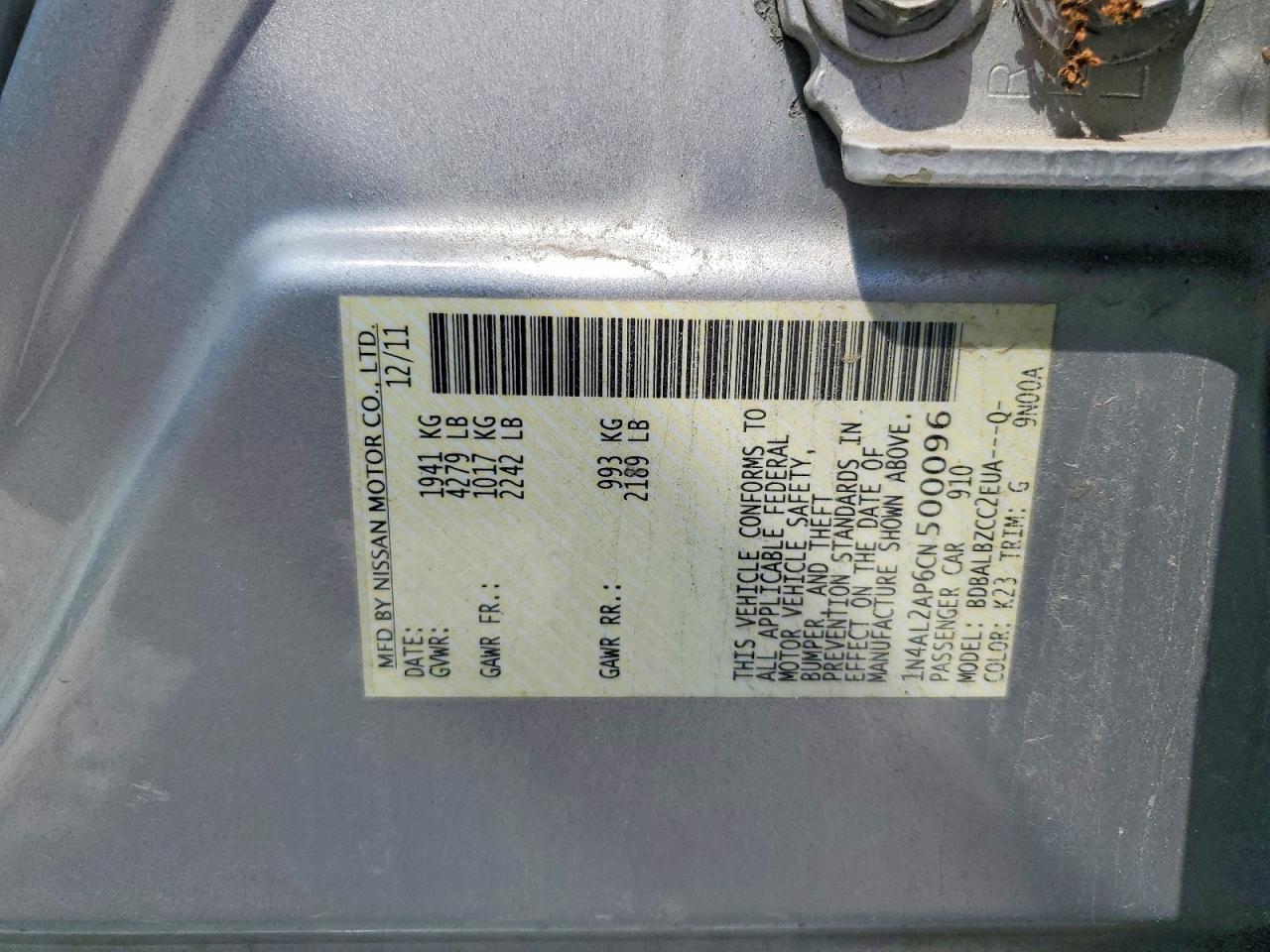 2012 Nissan Altima 2.5 Silver vin: 1N4AL2AP6CN500096