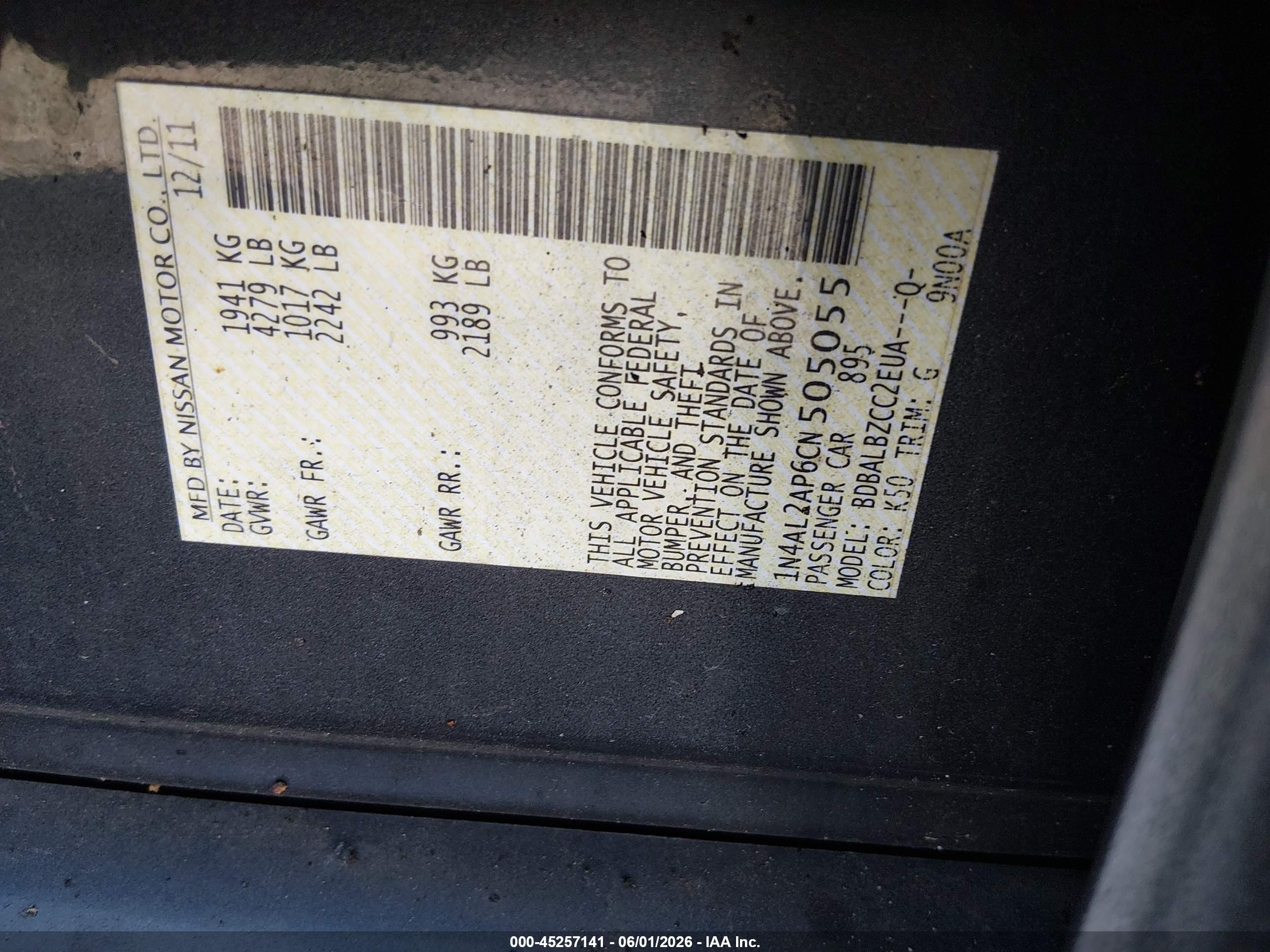 2012 Nissan Altima 2.5 S Black vin: 1N4AL2AP6CN505055