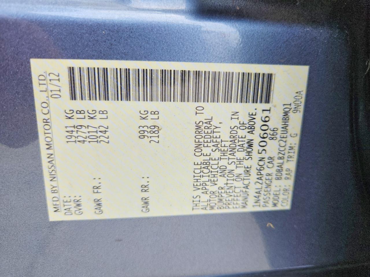 2012 Nissan Altima 2.5 Blue vin: 1N4AL2AP6CN506061