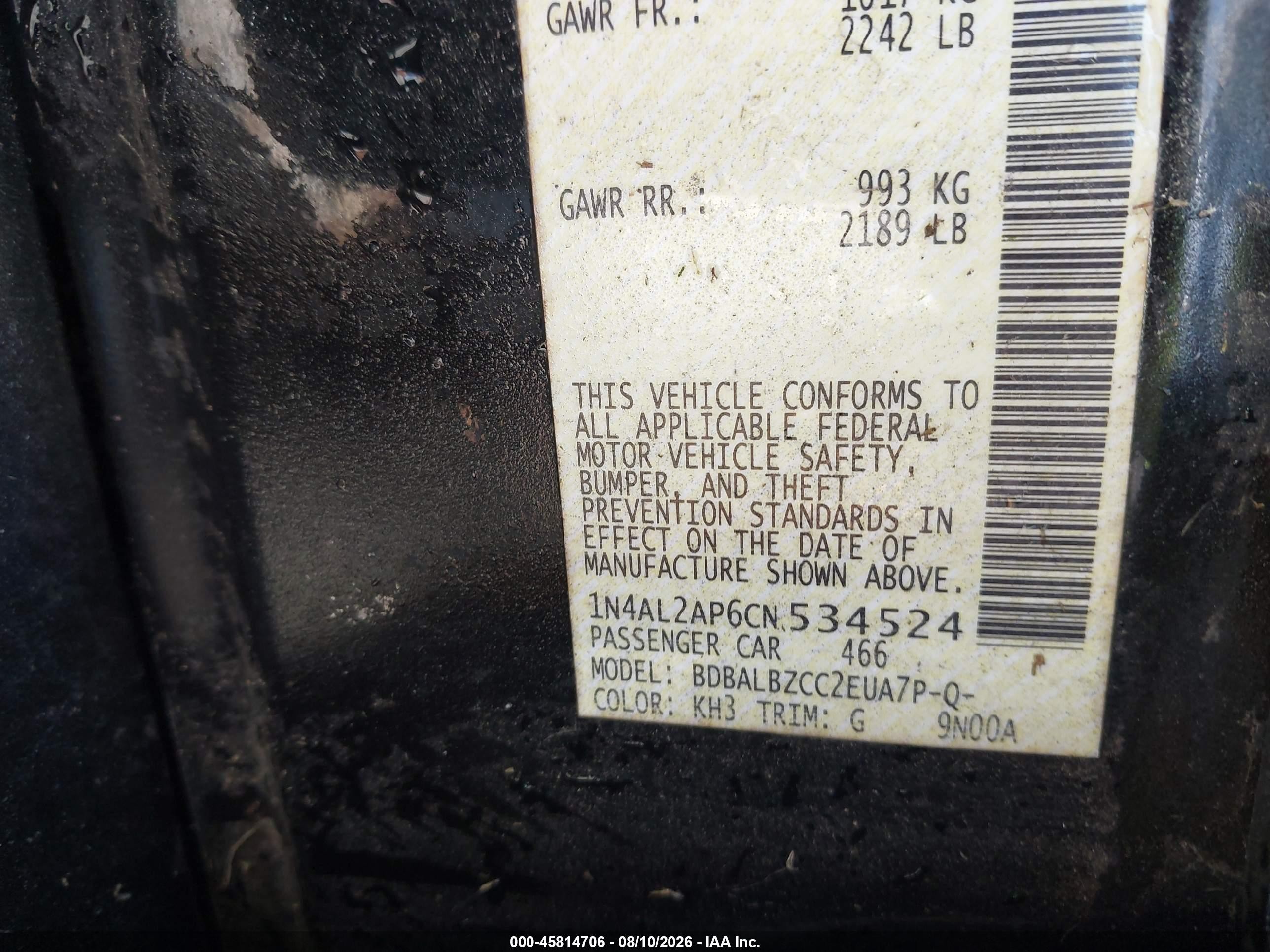 2012 Nissan Altima 2.5 S Black vin: 1N4AL2AP6CN534524