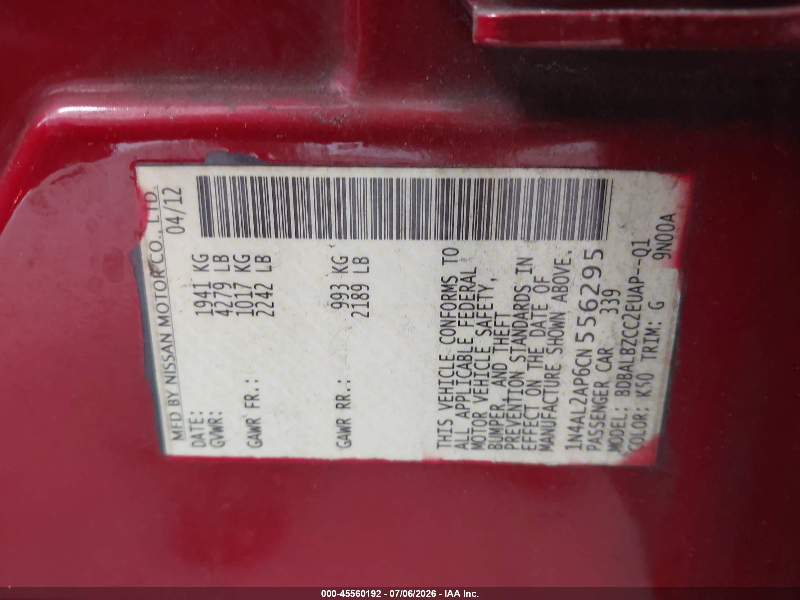 2012 Nissan Altima 2.5 S Red vin: 1N4AL2AP6CN556295