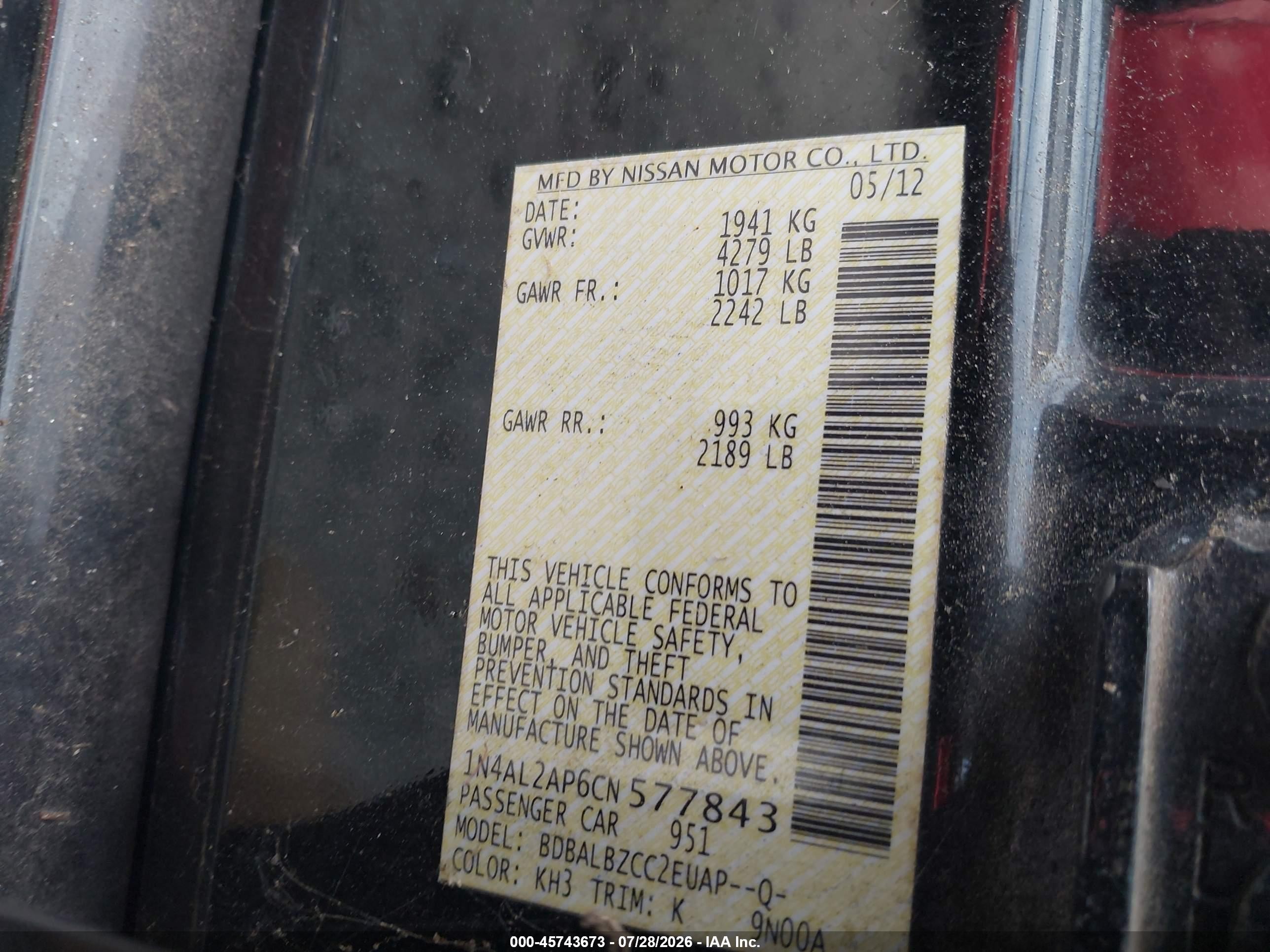 2012 Nissan Altima 2.5 S Black vin: 1N4AL2AP6CN577843
