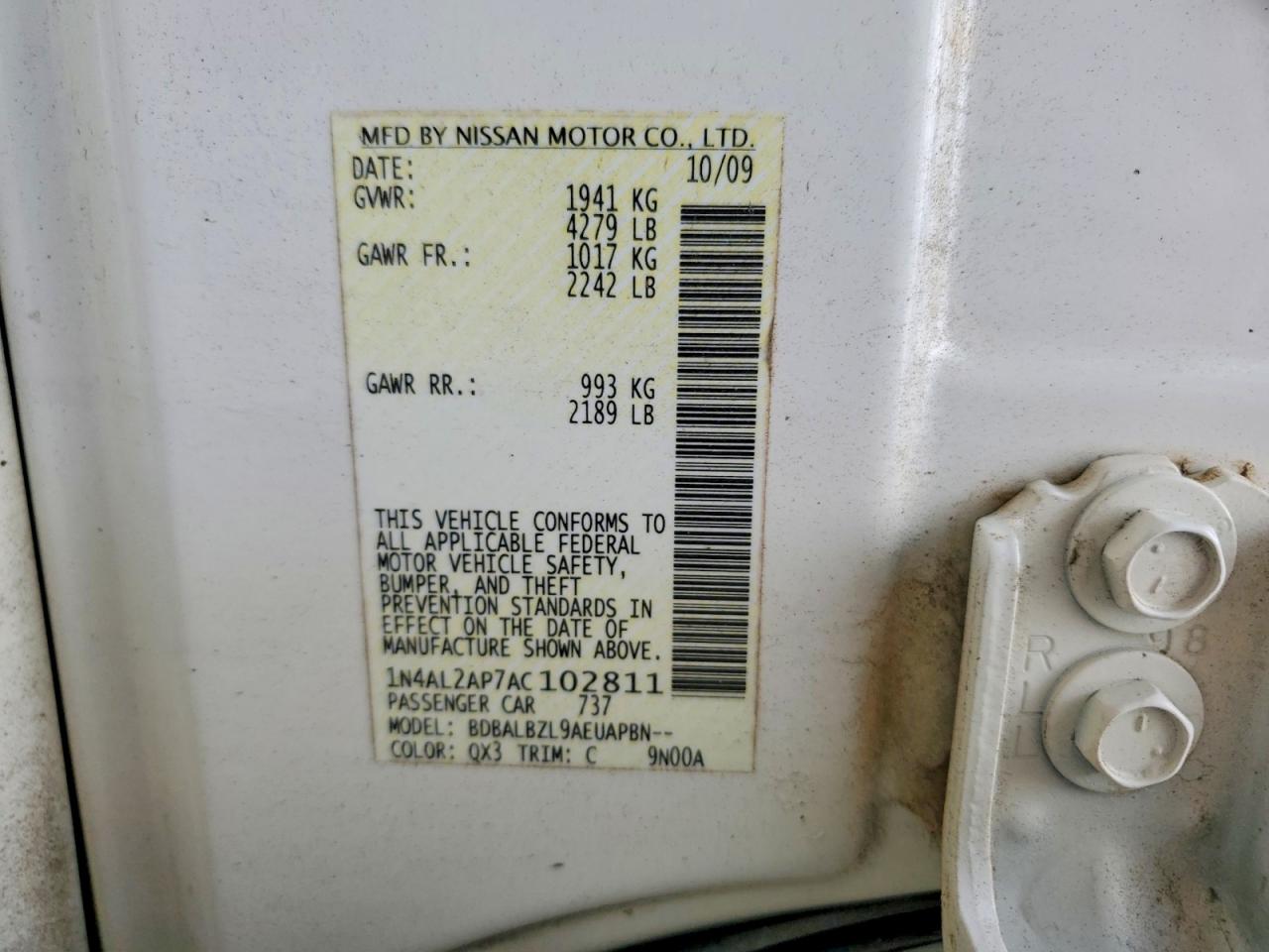 2010 Nissan Altima Base Белый vin: 1N4AL2AP7AC102811