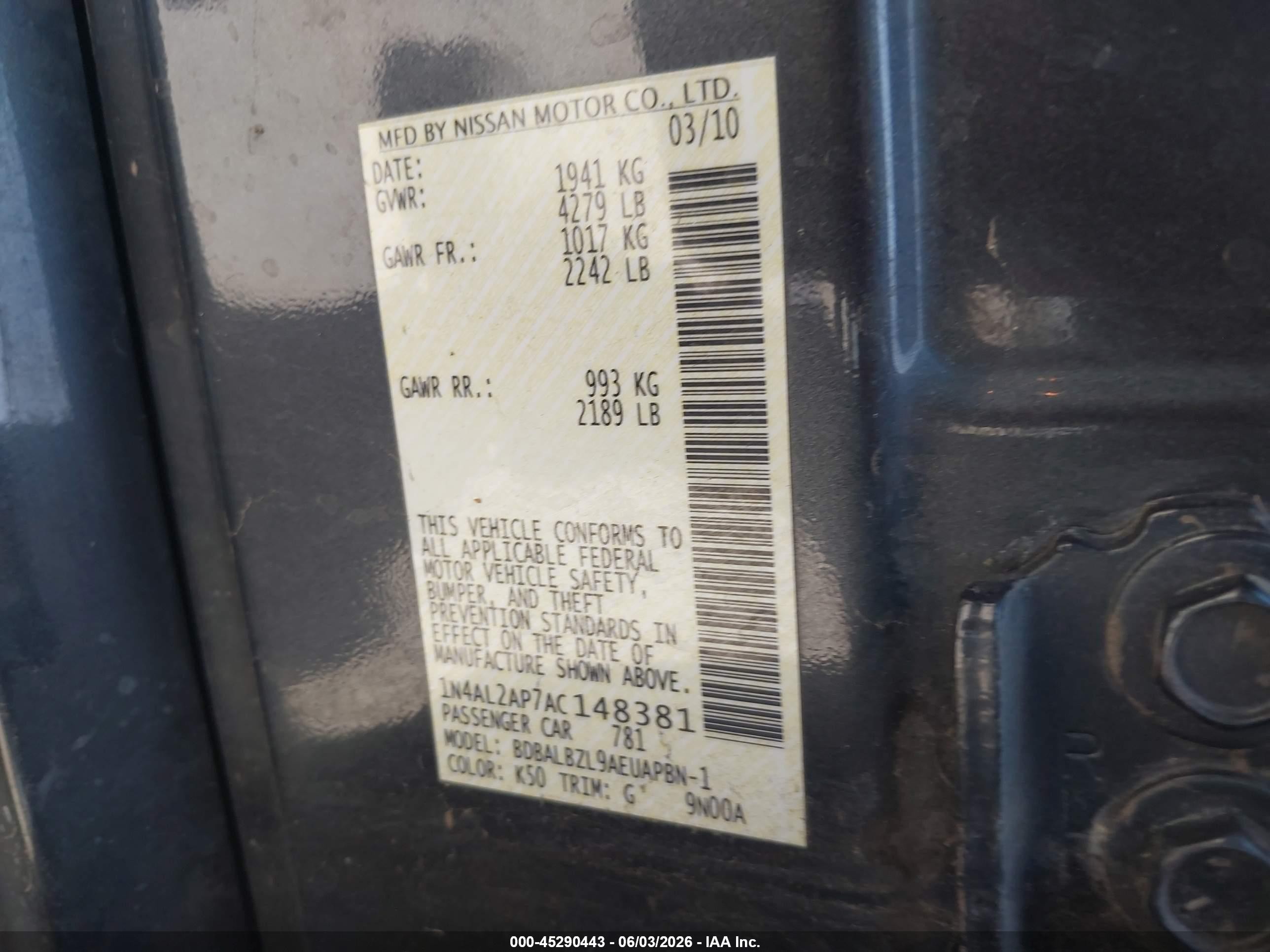 2010 Nissan Altima 2.5 S Gray vin: 1N4AL2AP7AC148381