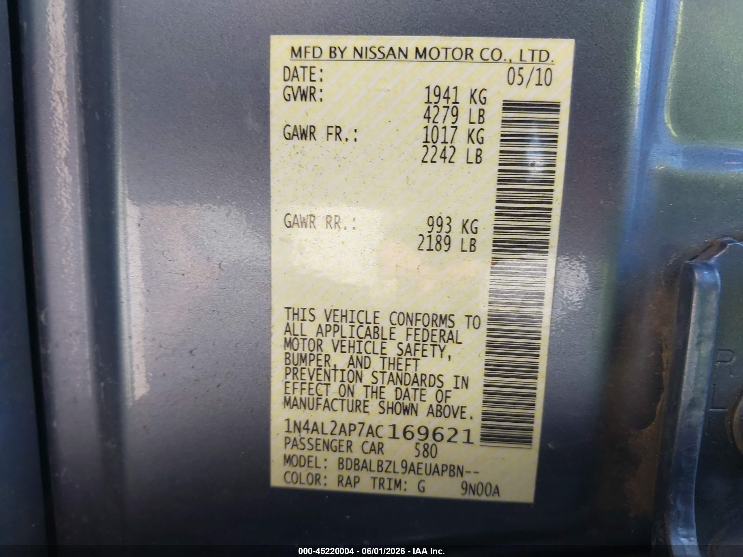 2010 Nissan Altima 2.5 S Gray vin: 1N4AL2AP7AC169621