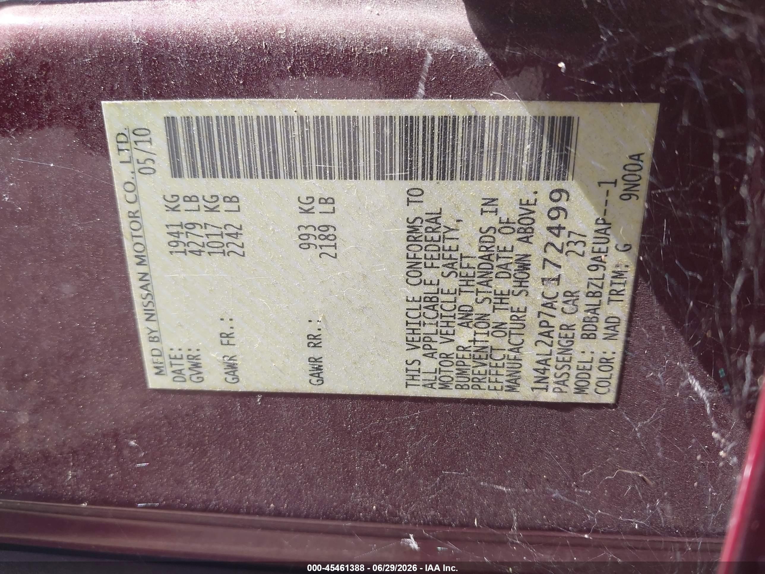 2010 Nissan Altima 2.5 S Burgundy vin: 1N4AL2AP7AC172499