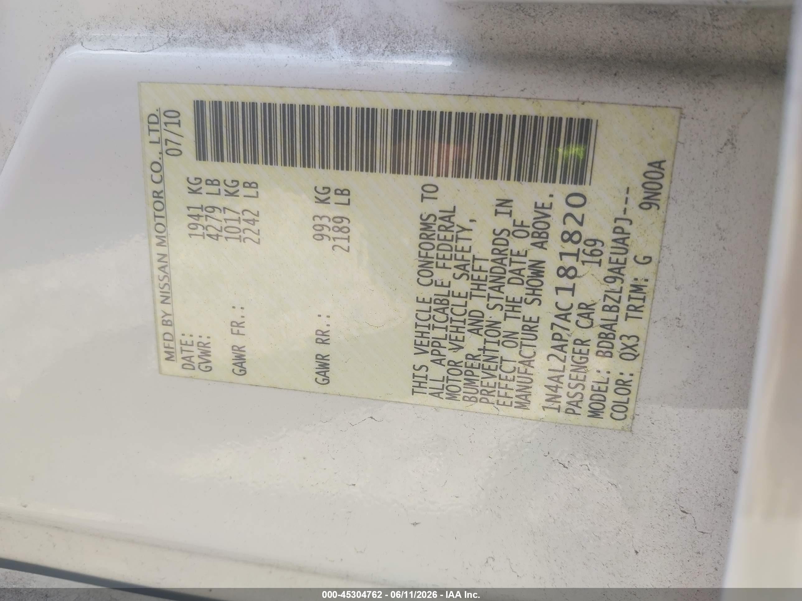 2010 Nissan Altima 2.5 S Белый vin: 1N4AL2AP7AC181820