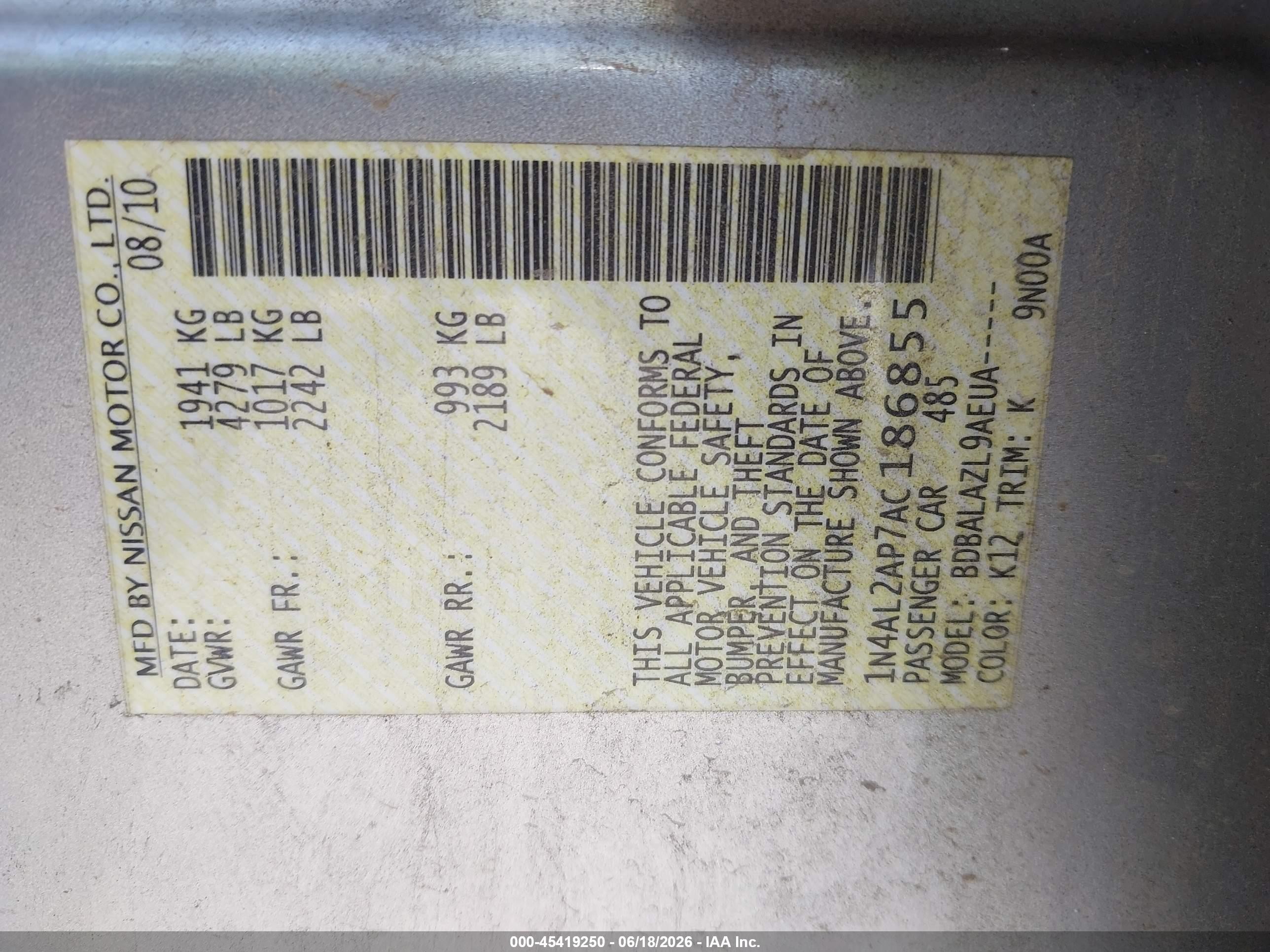 2010 Nissan Altima 2.5 Silver vin: 1N4AL2AP7AC186855