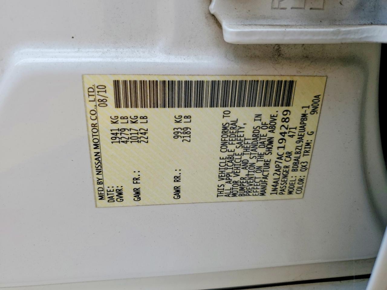 2010 Nissan Altima 2.5 White vin: 1N4AL2AP7AC194289