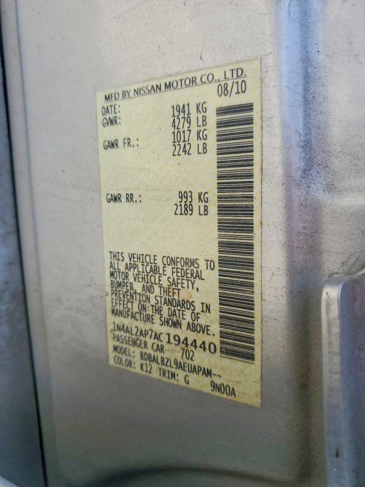 2010 Nissan Altima 2.5 Серебряный vin: 1N4AL2AP7AC194440
