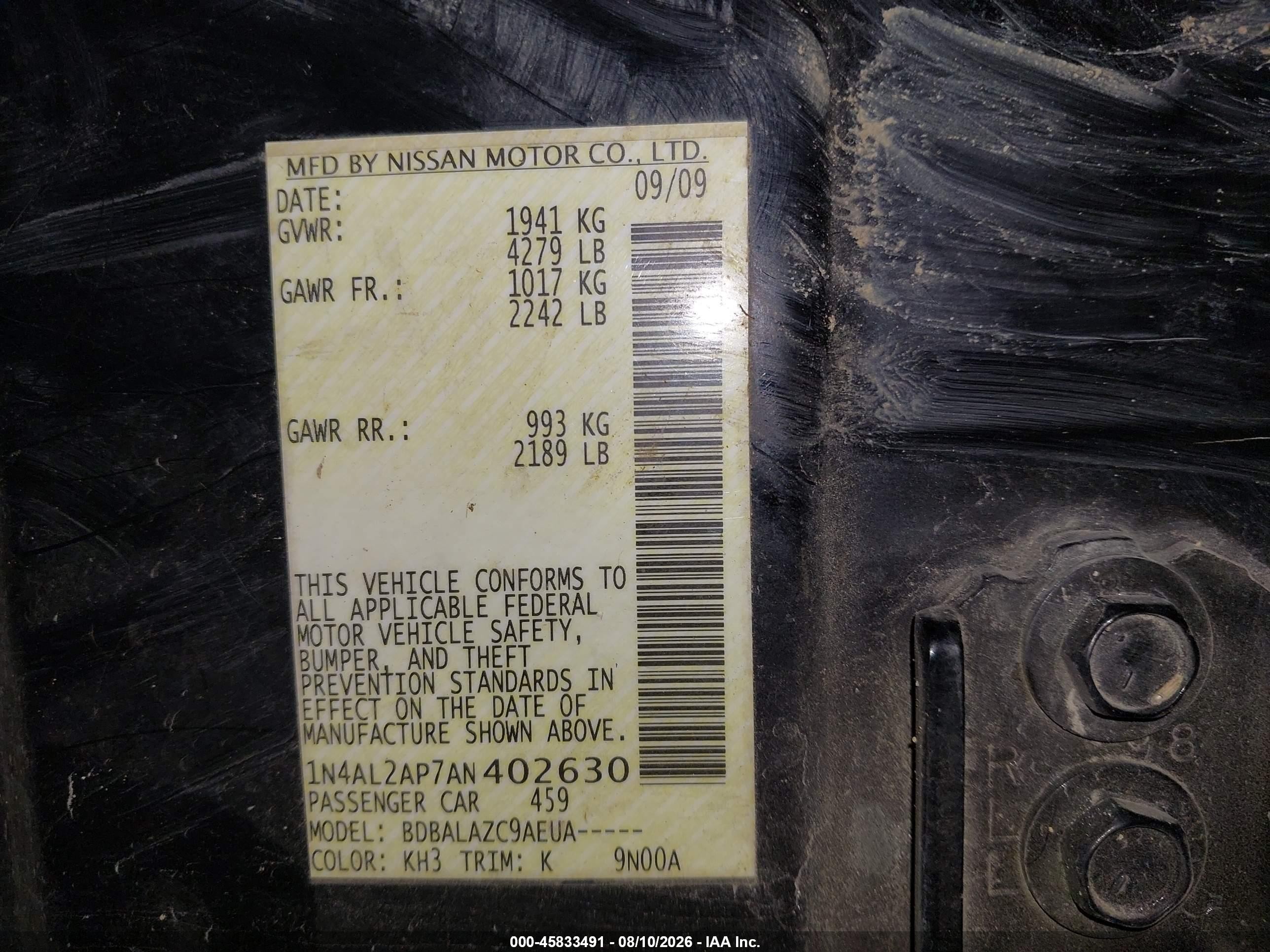 2010 Nissan Altima 2.5 Black vin: 1N4AL2AP7AN402630