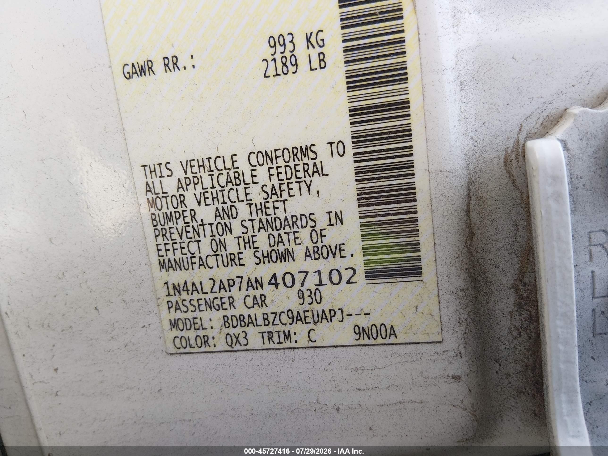 2010 Nissan Altima 2.5 S White vin: 1N4AL2AP7AN407102