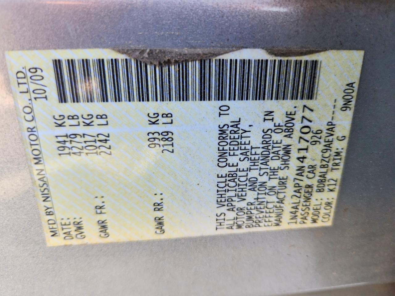 2010 Nissan Altima 2.5 Silver vin: 1N4AL2AP7AN417077