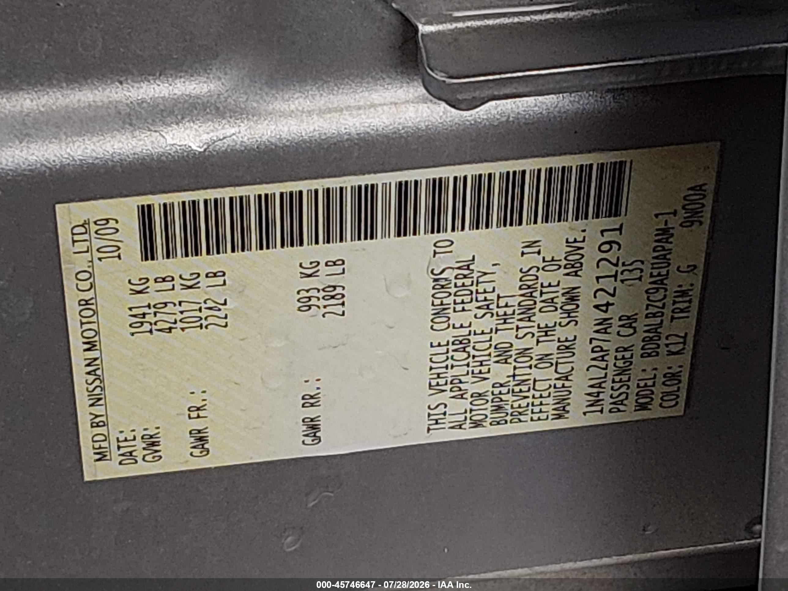 2010 Nissan Altima 2.5 S Silver vin: 1N4AL2AP7AN421291