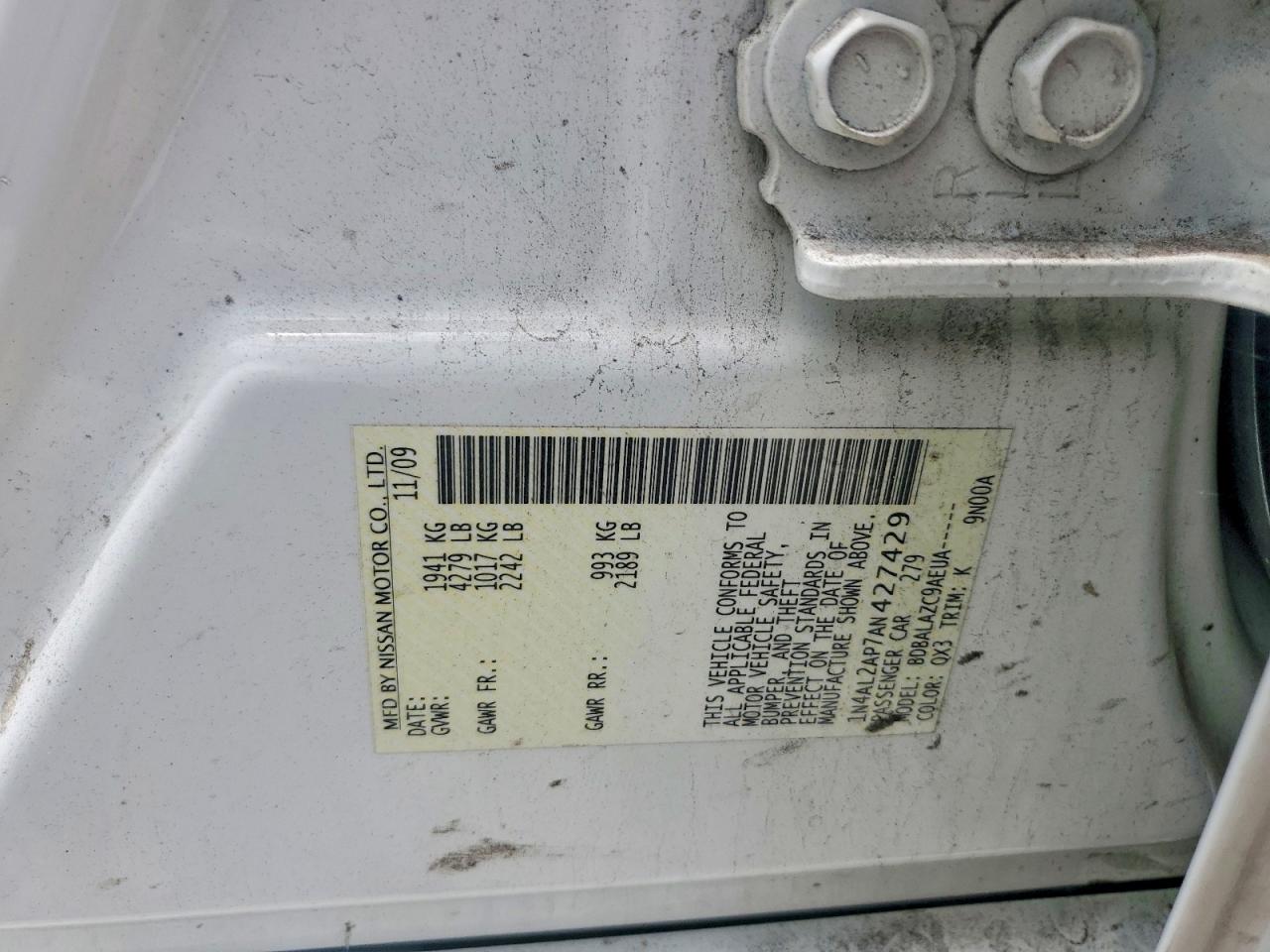 2010 Nissan Altima 2.5 White vin: 1N4AL2AP7AN427429
