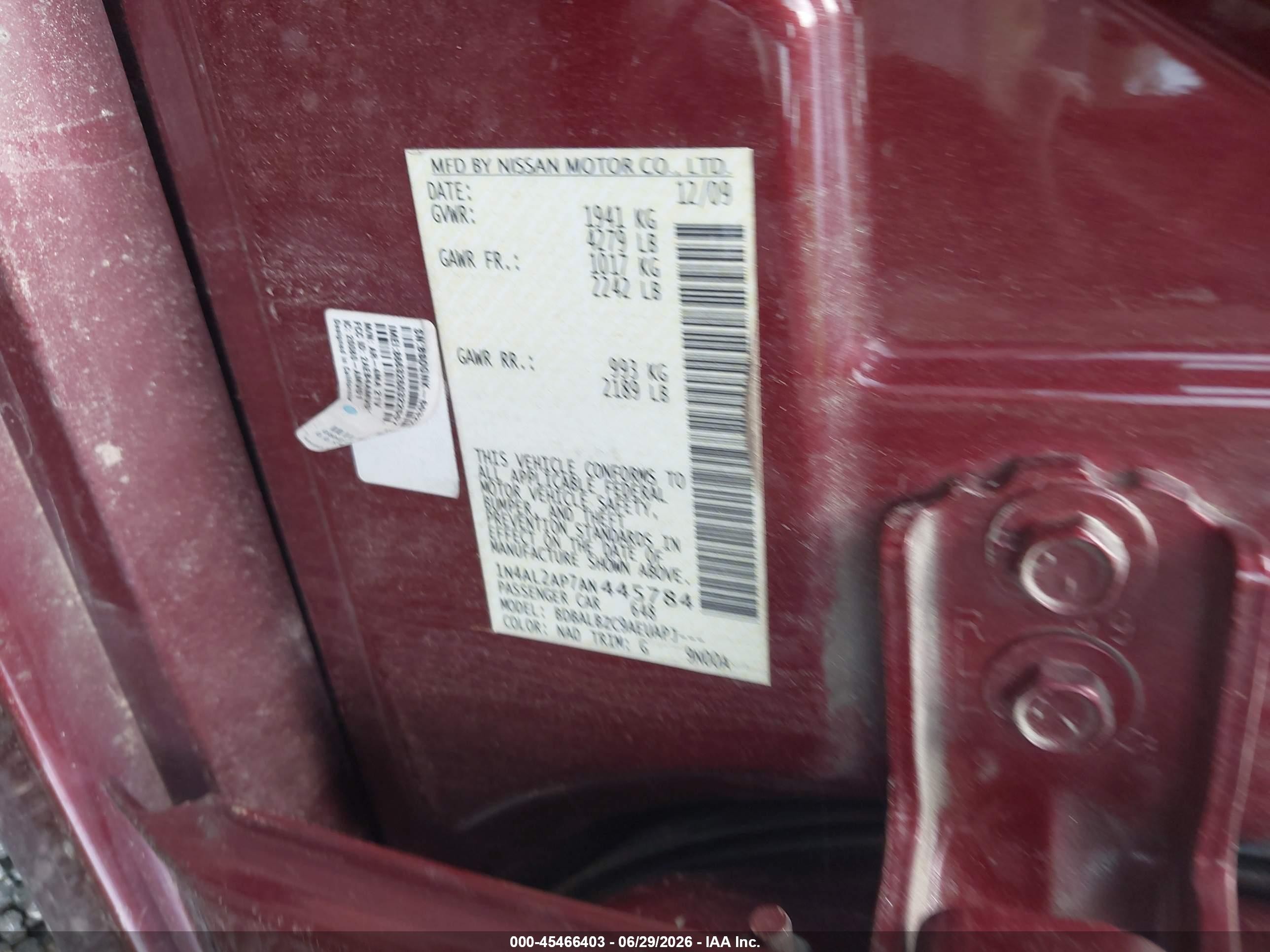 2010 Nissan Altima 2.5 S Red vin: 1N4AL2AP7AN445784