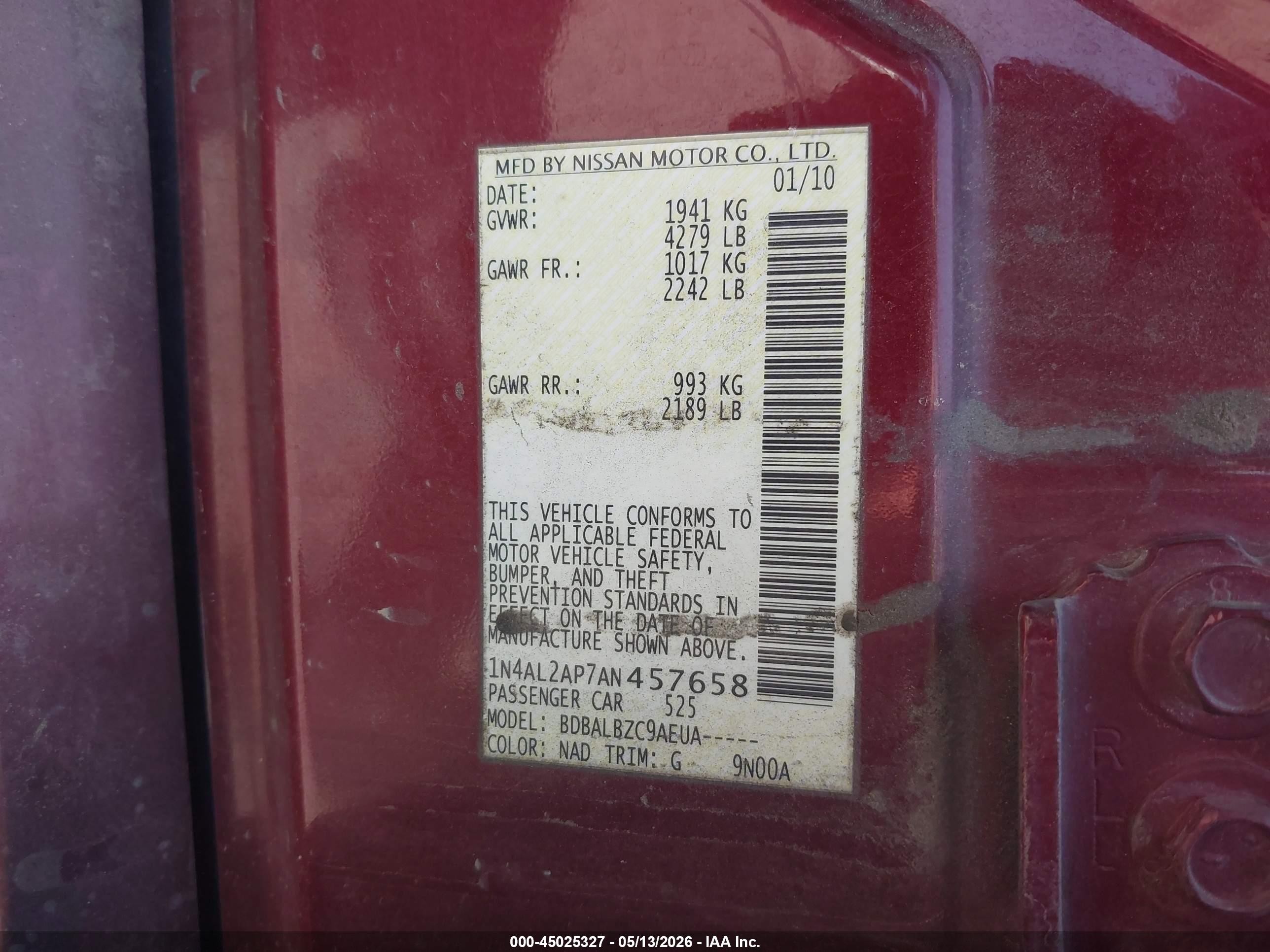 2010 Nissan Altima 2.5 S Burgundy vin: 1N4AL2AP7AN457658
