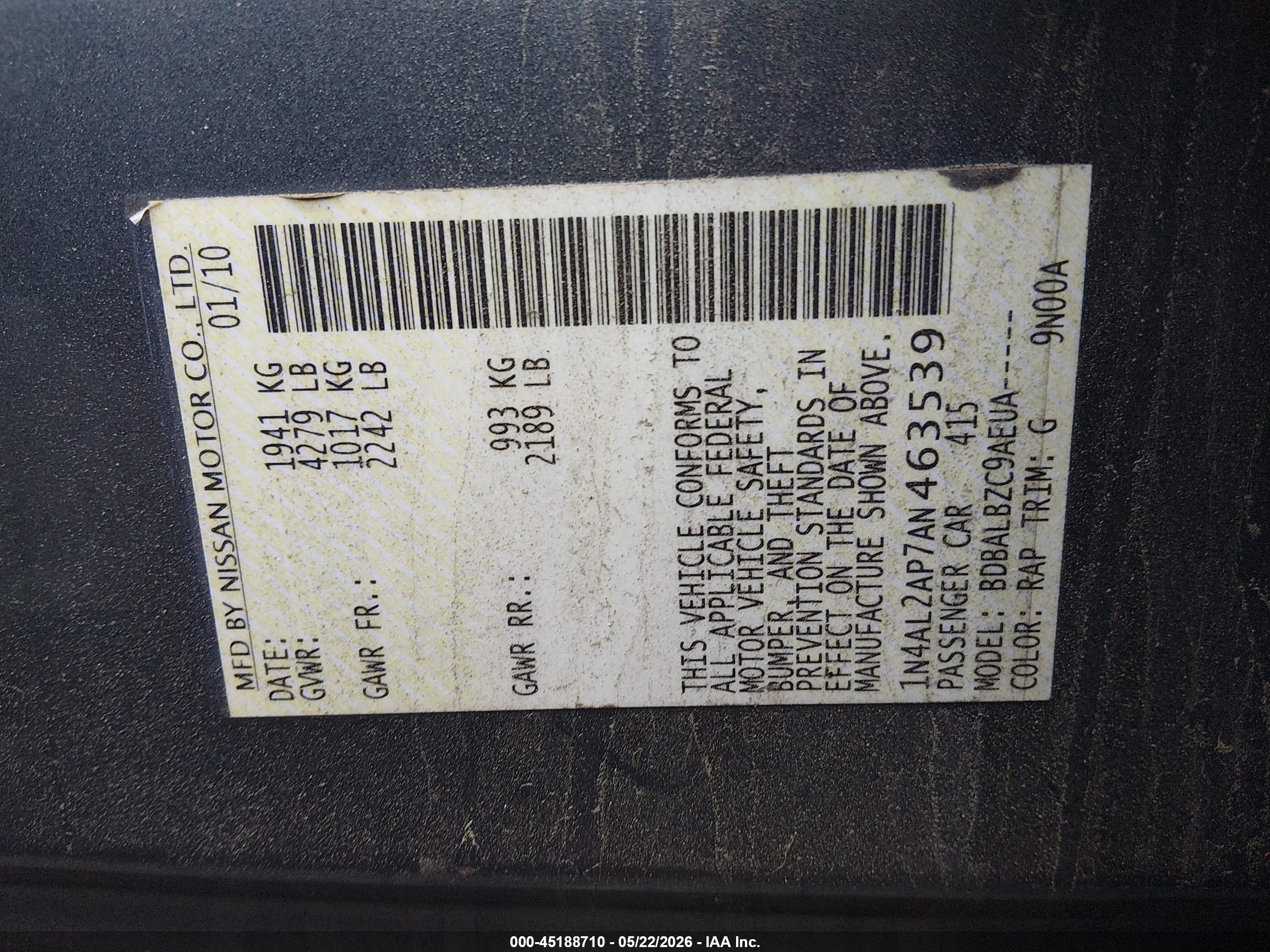 2010 Nissan Altima 2.5 S Blue vin: 1N4AL2AP7AN463539