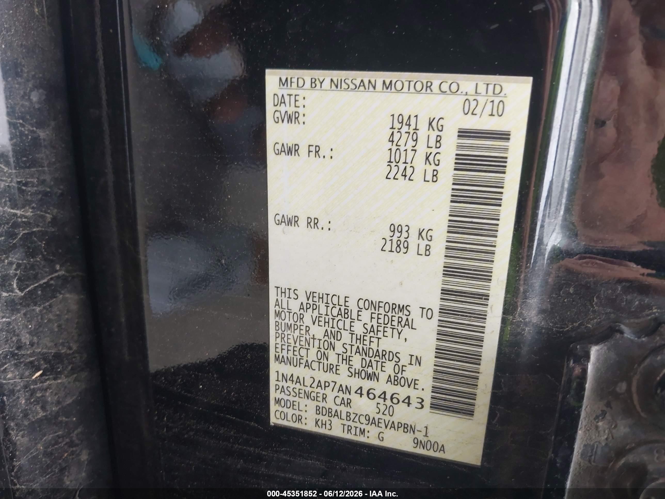 2010 Nissan Altima 2.5 S Black vin: 1N4AL2AP7AN464643